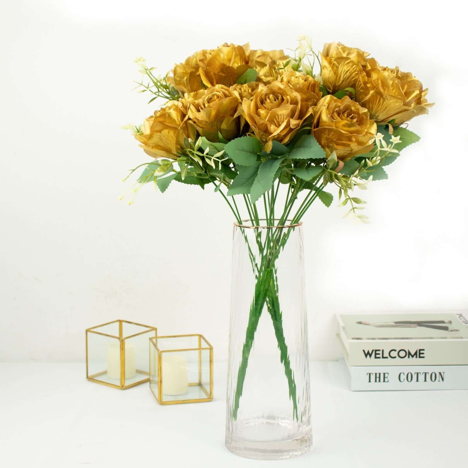 2 Bushes 18 Real Touch Gold Artificial Rose Flower Bouquet, Silk Long Stem Flower Arrangements