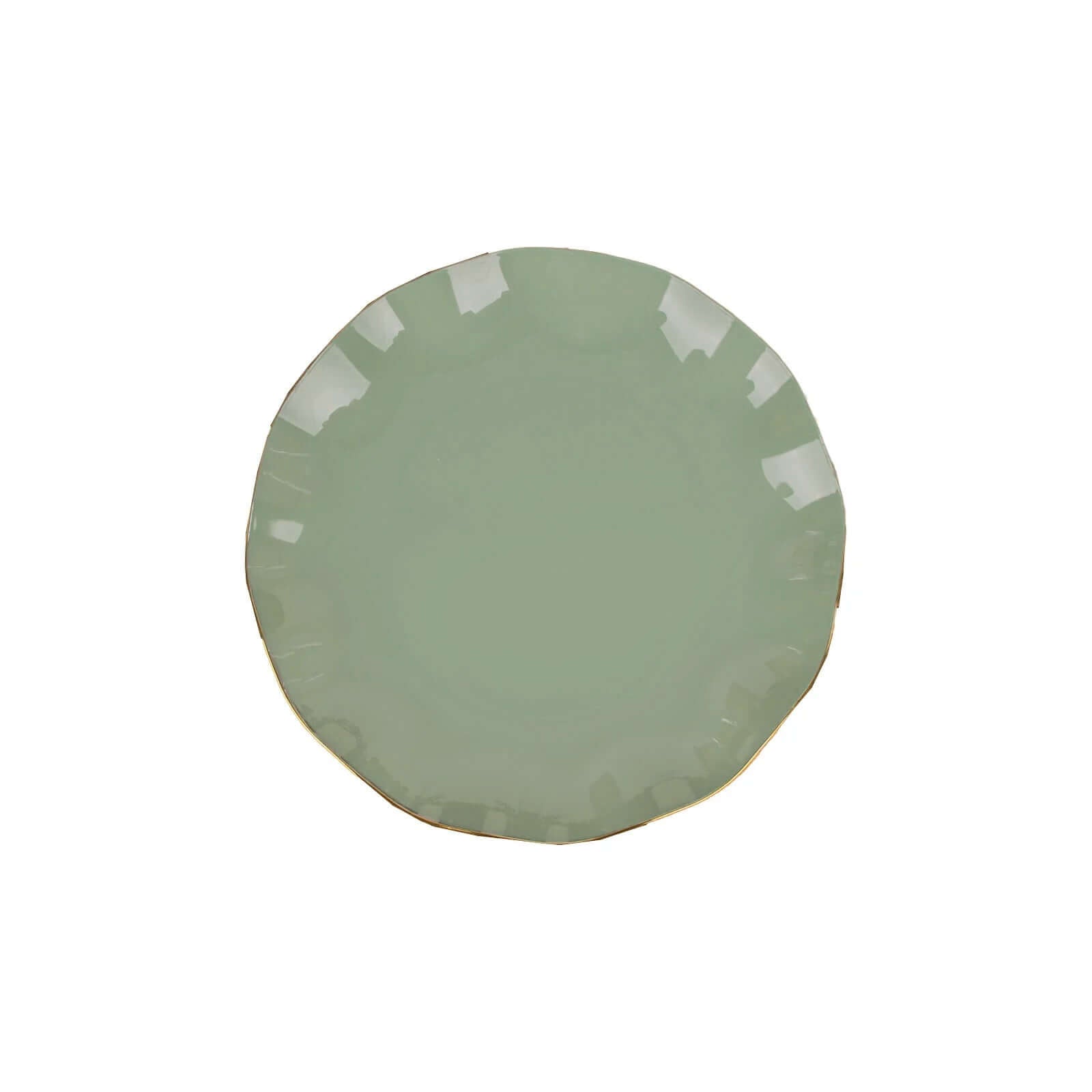 10-Pack Plastic Round 6 Dessert Plates in Dusty Sage Green Ruffled Rim with Gold Edging - Sturdy Disposable Salad Appetizer Dinnerware