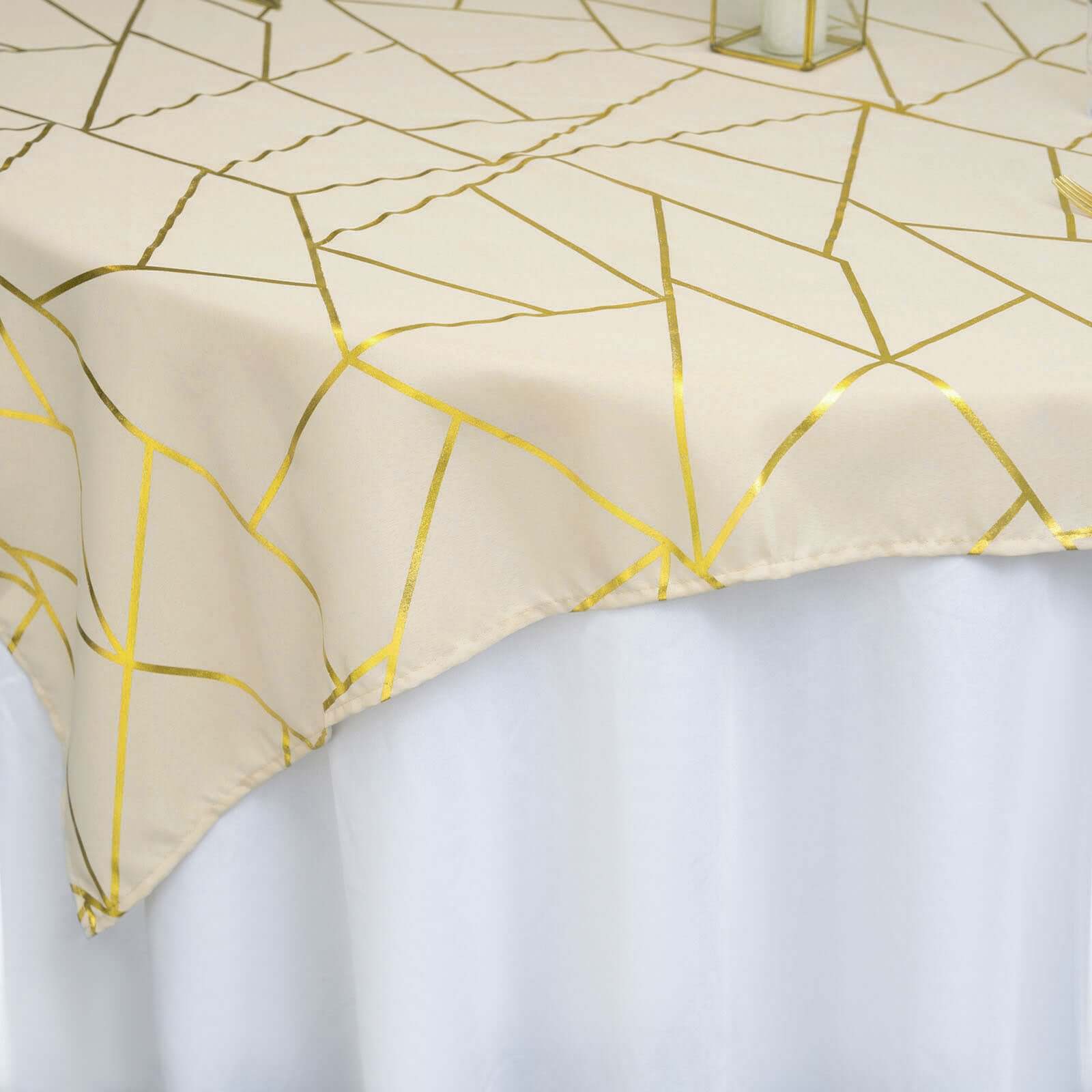 Polyester 54x54 Table Overlay Square Tablecloth Beige with Gold Foil Geometric Pattern - Wrinkle-Resistant & Durable Table Topper