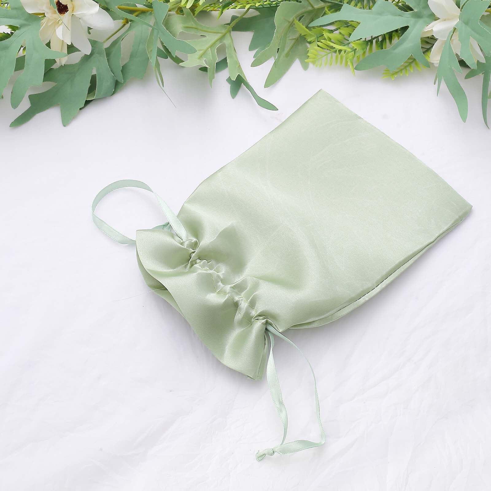 12 Pack 5x7 Sage Green Satin Drawstring Wedding Party Favor Gift Bags, Drawstring Pouch Gift Bags