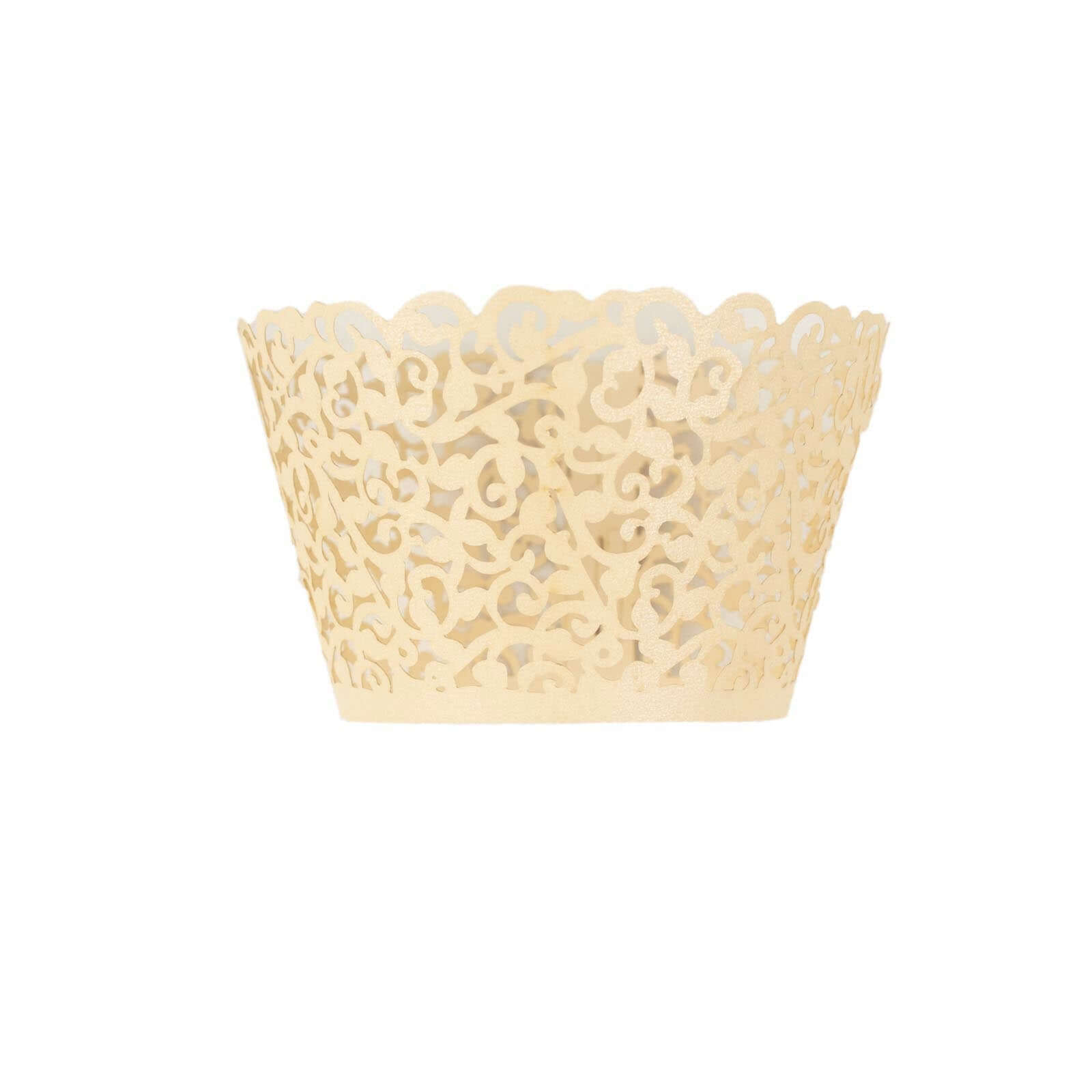 25-Pack Paper Cupcake Wrappers Lace Laser Cut Design Ivory - Muffin Baking Cup Trays for Events