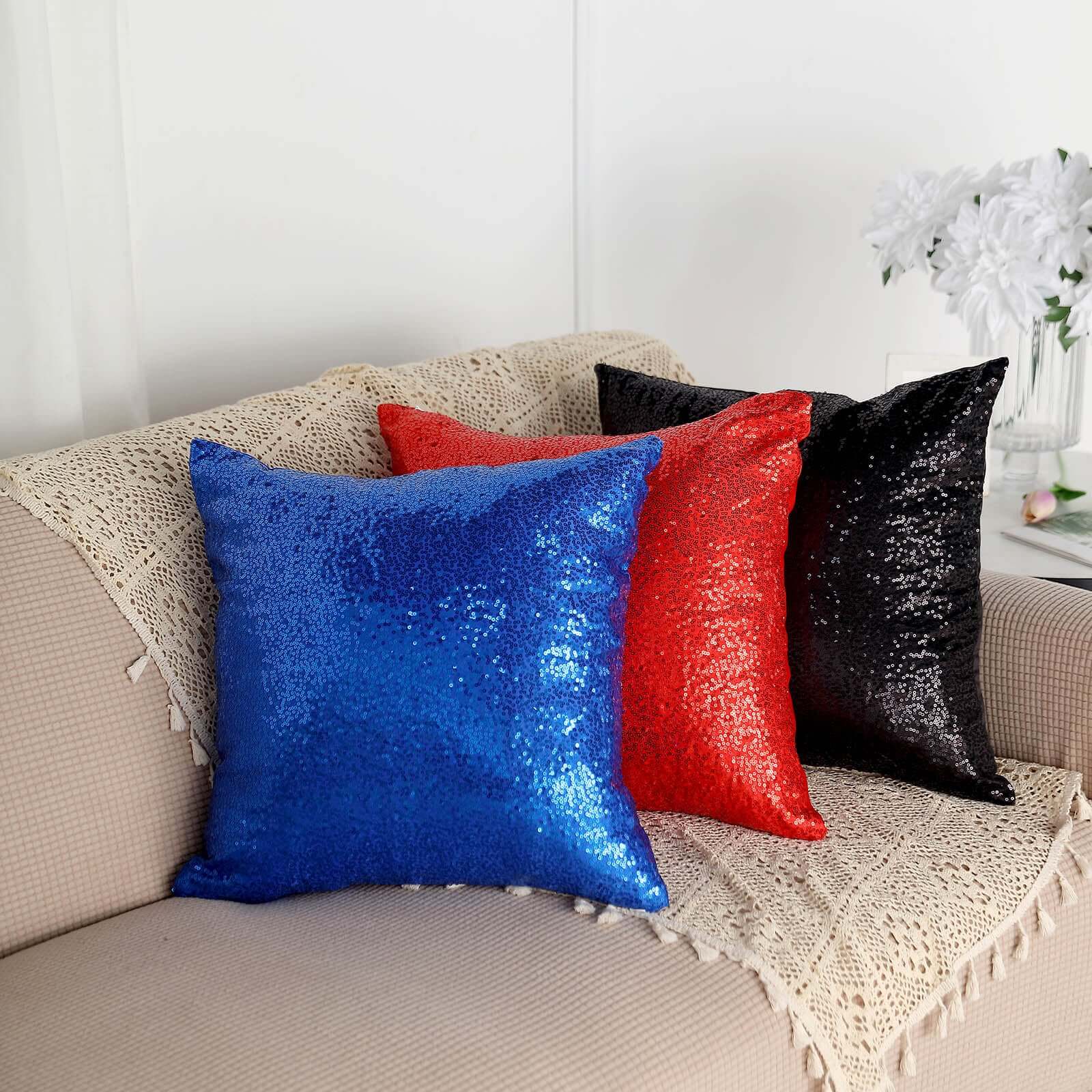 2 Pack 18x18 Sequin Throw Pillow Cover, Decorative Cushion Case - Square Royal Blue Sequin