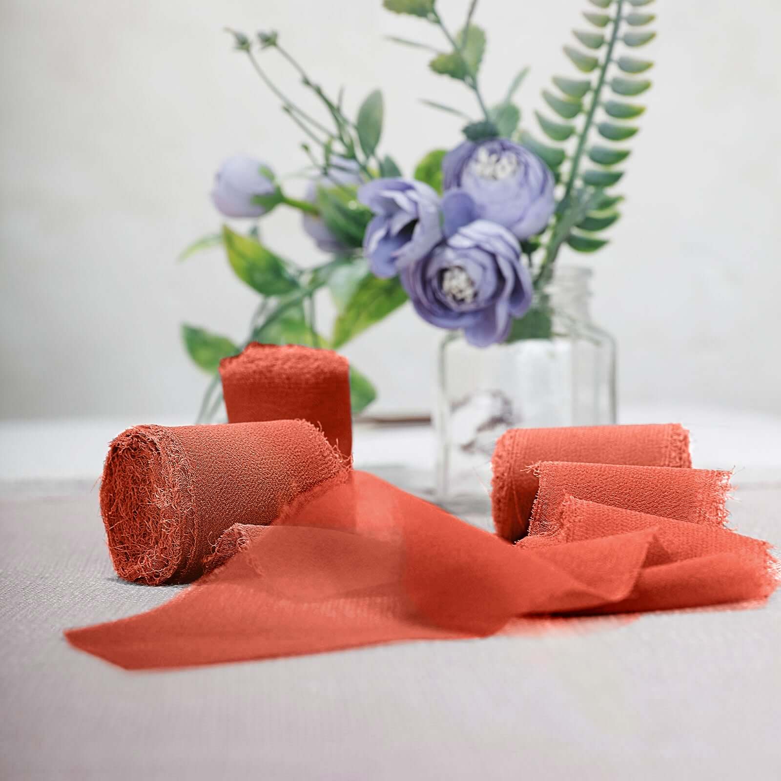 2 Pack 6yds Terracotta (Rust) Silk-Like Chiffon Ribbon Roll, DIY Wedding Bouquet Linen Wrap