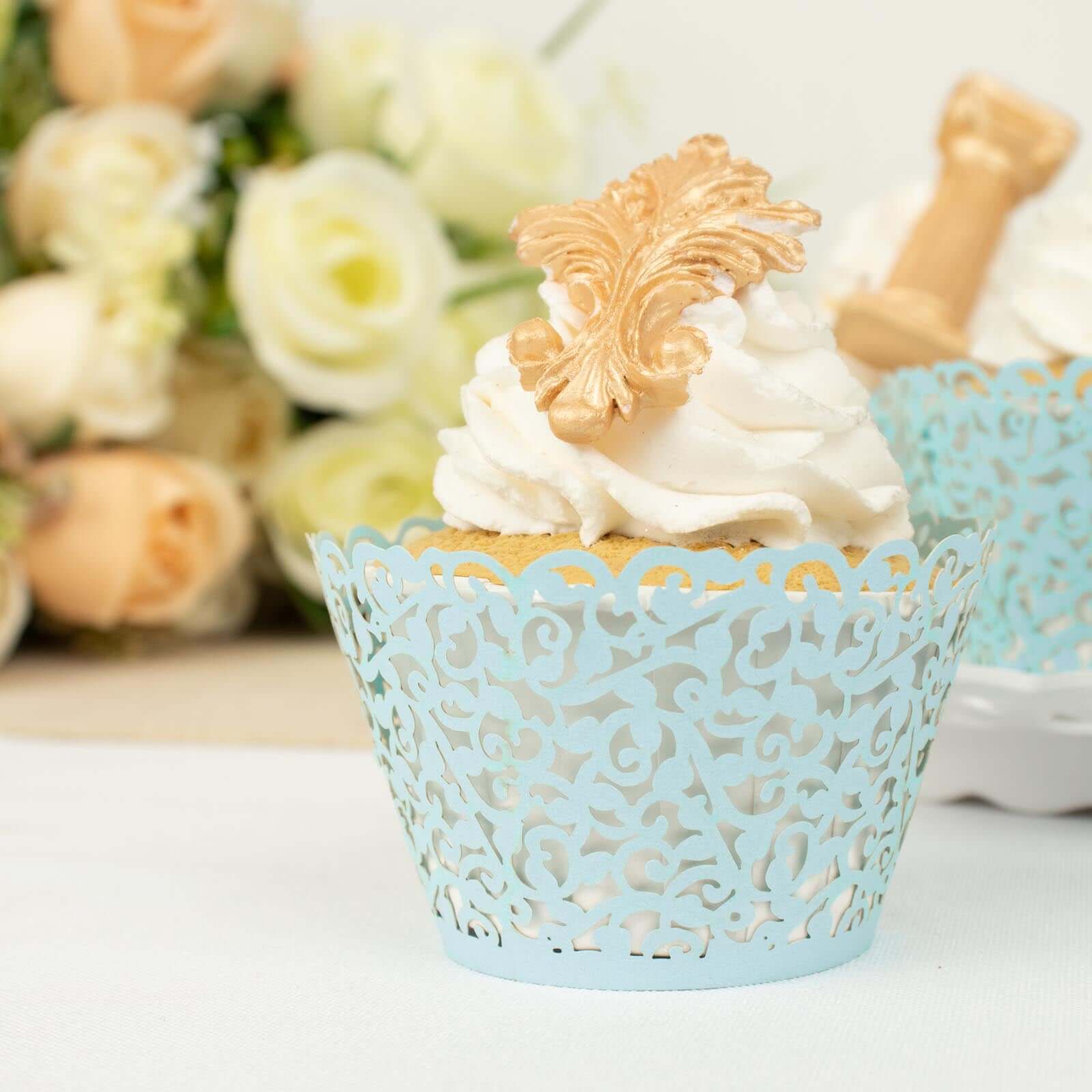 25-Pack Paper Cupcake Wrappers Lace Laser Cut Design Light Blue - Muffin Baking Cup Trays for Events