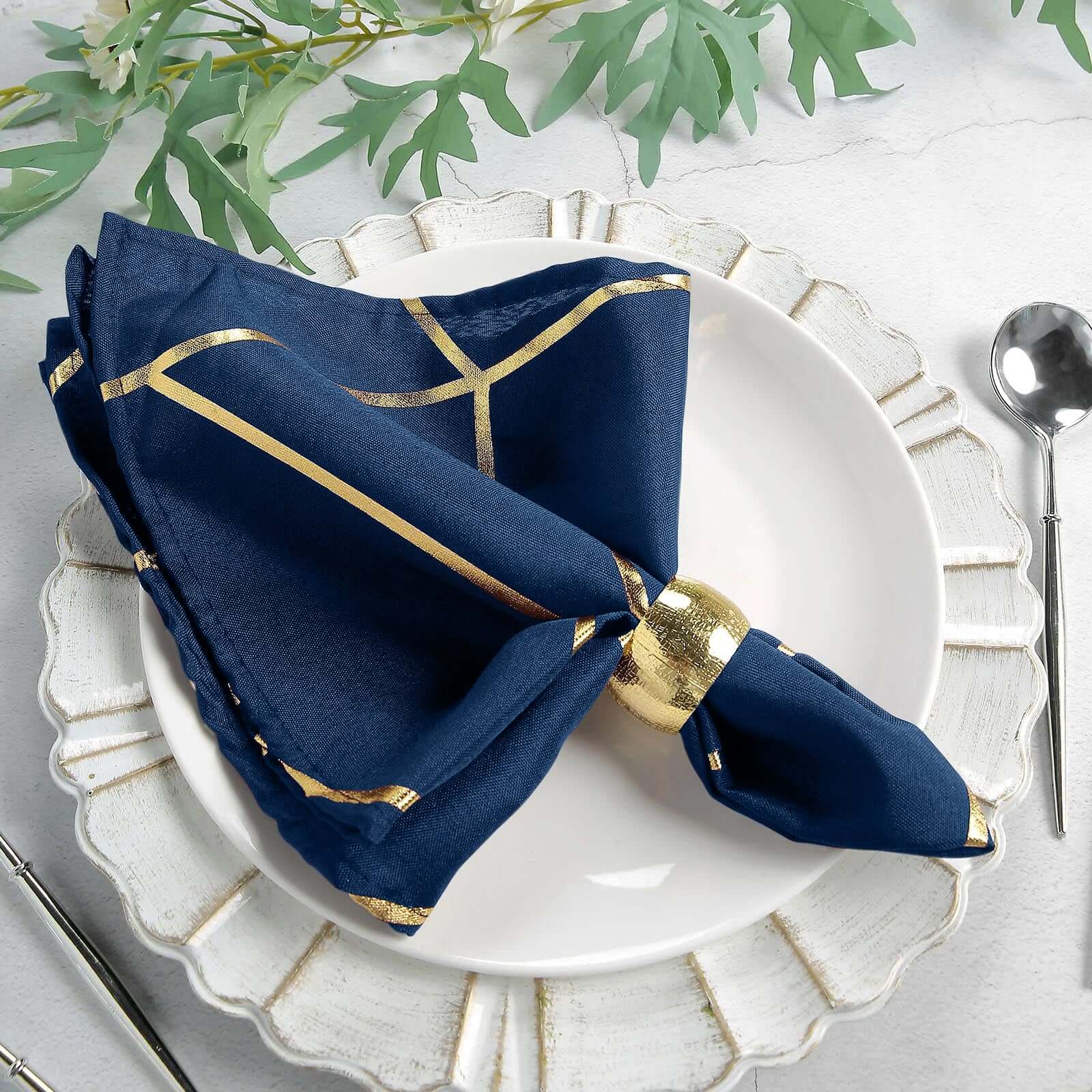 5 Pack Polyester 20x20 Napkins Navy Blue with Gold Geometric Foil Pattern - Modern Reusable Dinner Napkins