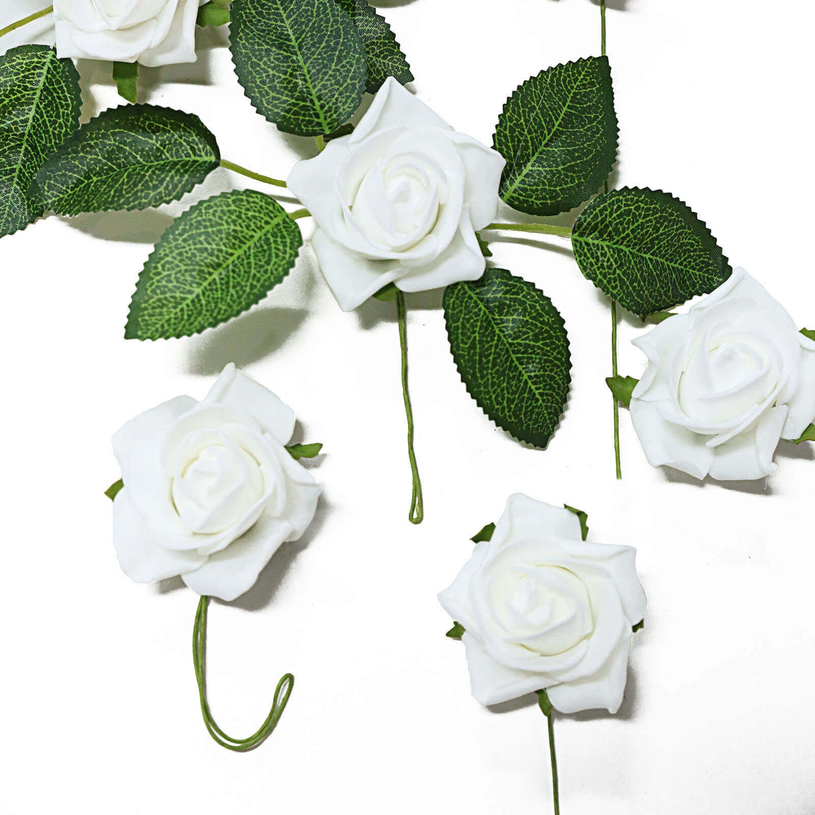 24 Roses 2 White Artificial Foam Flowers With Stem Wire and Leaves