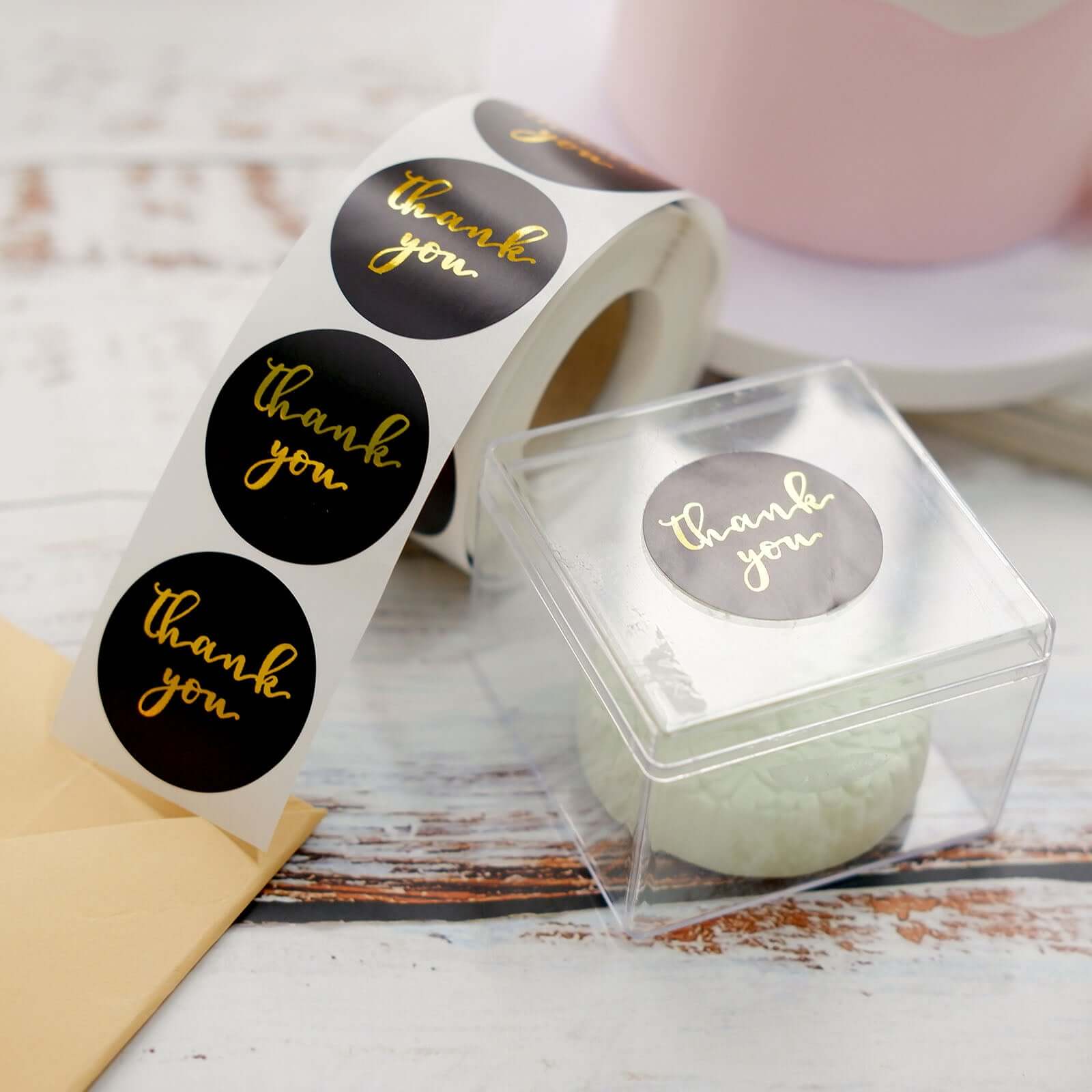 500Pcs 1.5 Thank You Gold Foil Text On Black Stickers Roll Décor Labels and Seals for DIY Envelope - Round