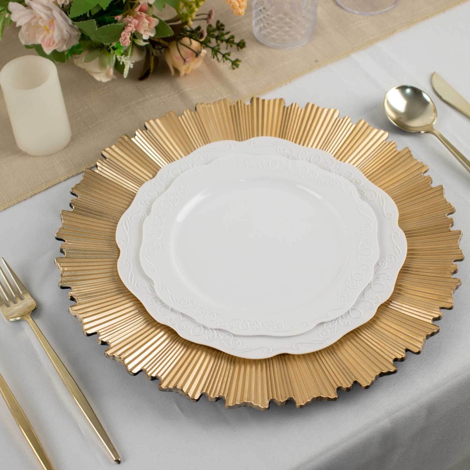 6-Pack Acrylic Plastic Round Charger Plates 13 in Metallic Gold with Sunray Scalloped Rim, Decorative Dinner Party Charger Tableware