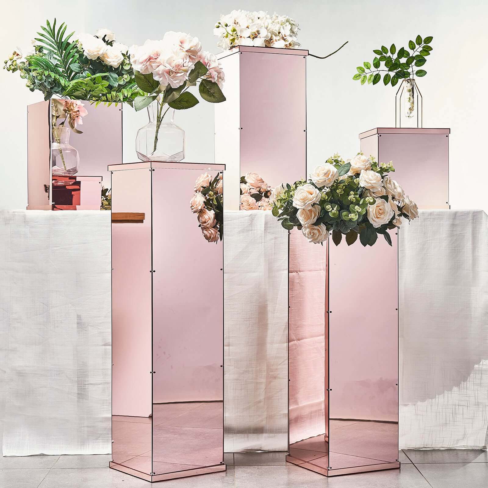 Set of 5 Rose Gold Mirror Finish Acrylic Display Boxes, Pedestal Risers with Interchangeable Lid and Base - 12,16,24,32,40