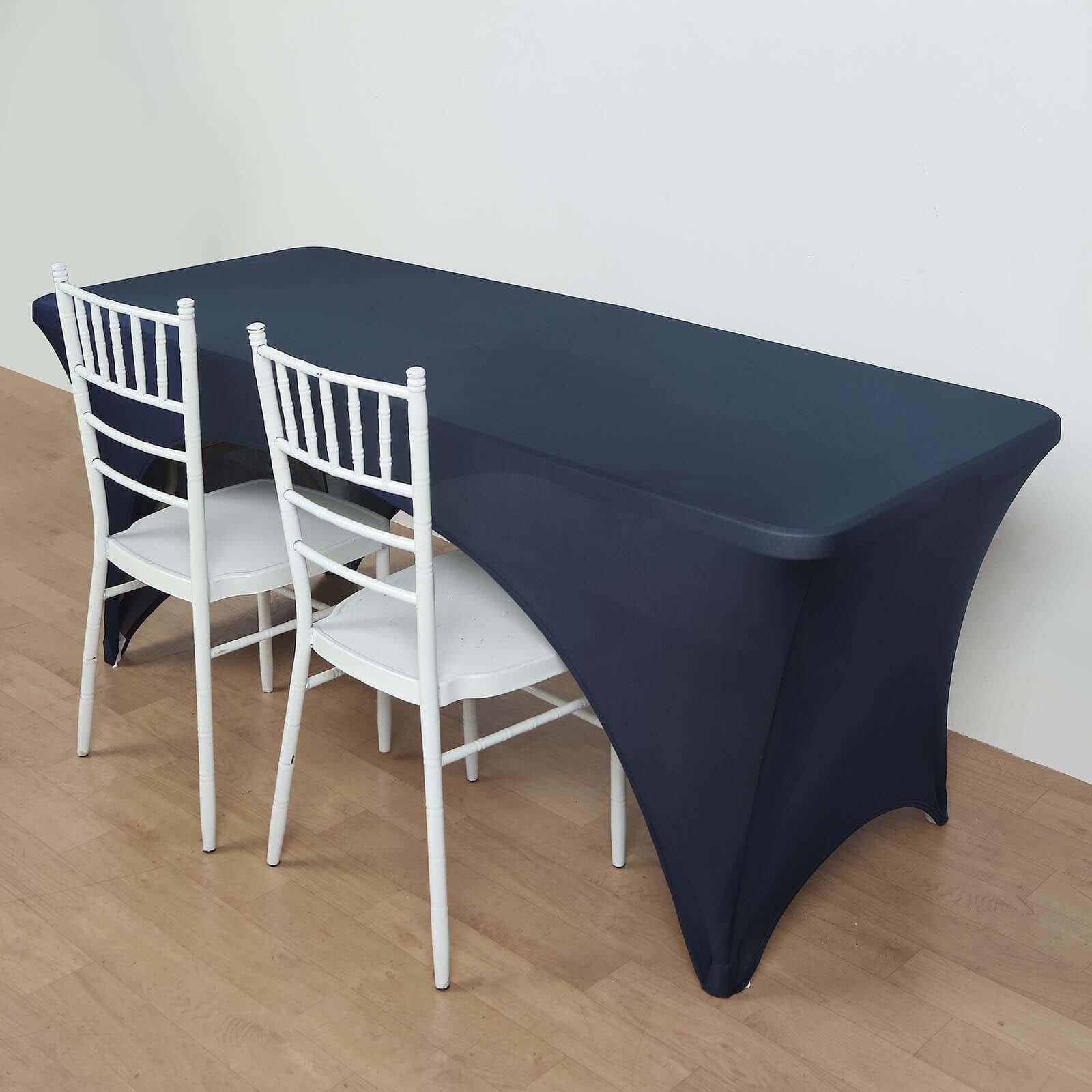 Stretch Spandex 72x30 Rectangular Table Cover Navy Blue with Curved Open Back Design Tailored Professional Look