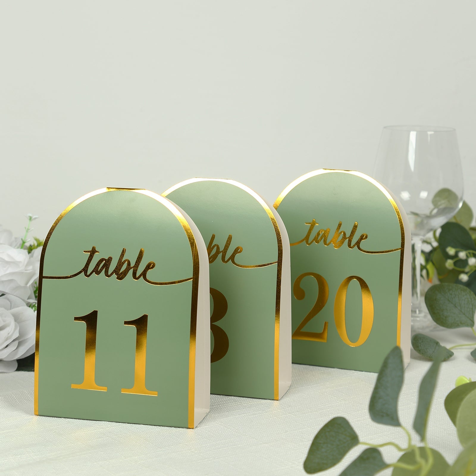 25-Pack Paper Wedding Table Numbers 1-25 Sage Green Arch Cutout Design - Sleek & Modern Free Standing Double Sided Table Tent Cards with Metallic Gold Foil Numbers 7