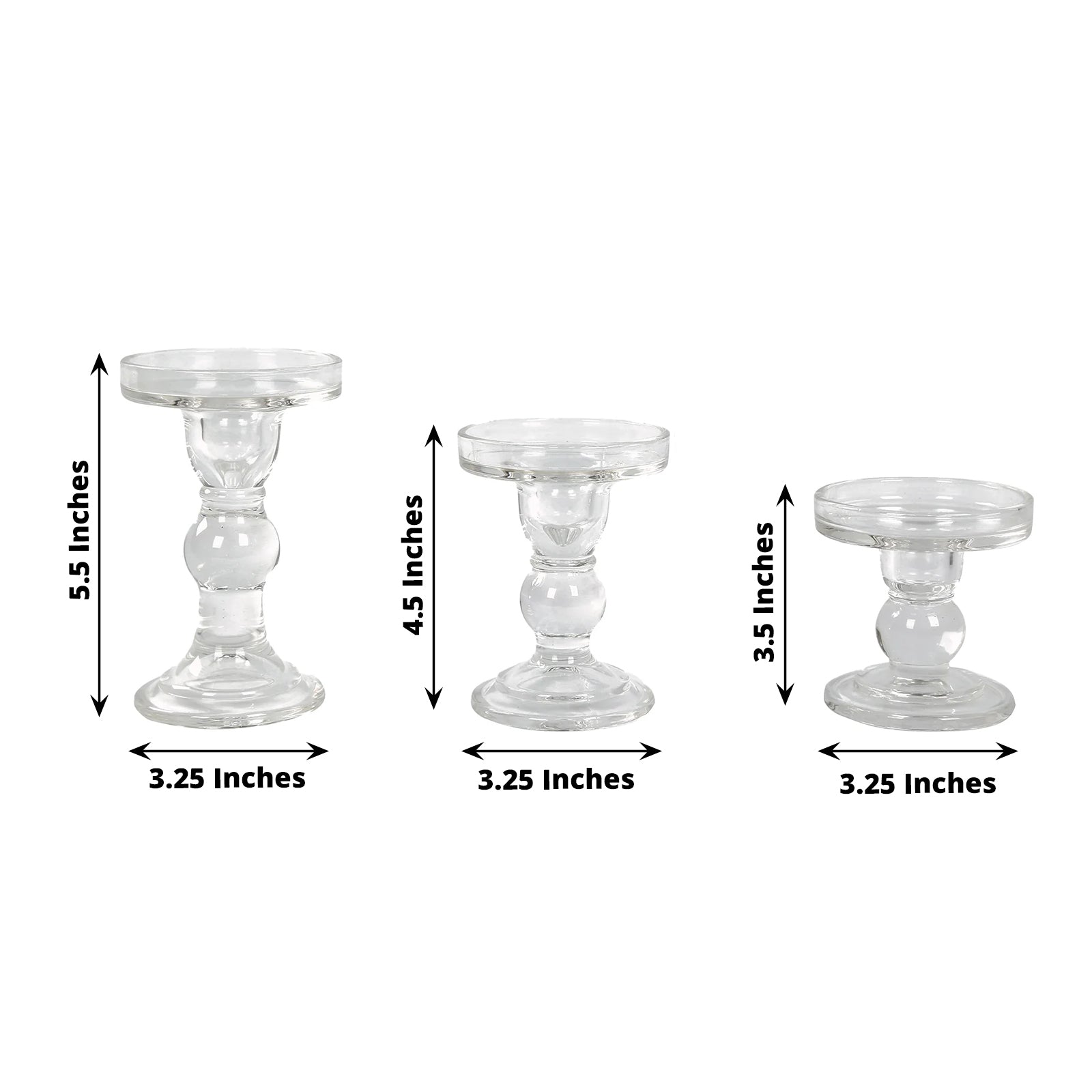 Set of 3 Glass Pillar Candle Holders Clear with Round Tray - Crystal Ball Stem Taper Candlestick Tea Light Stands 3.5, 4.5, 5.5