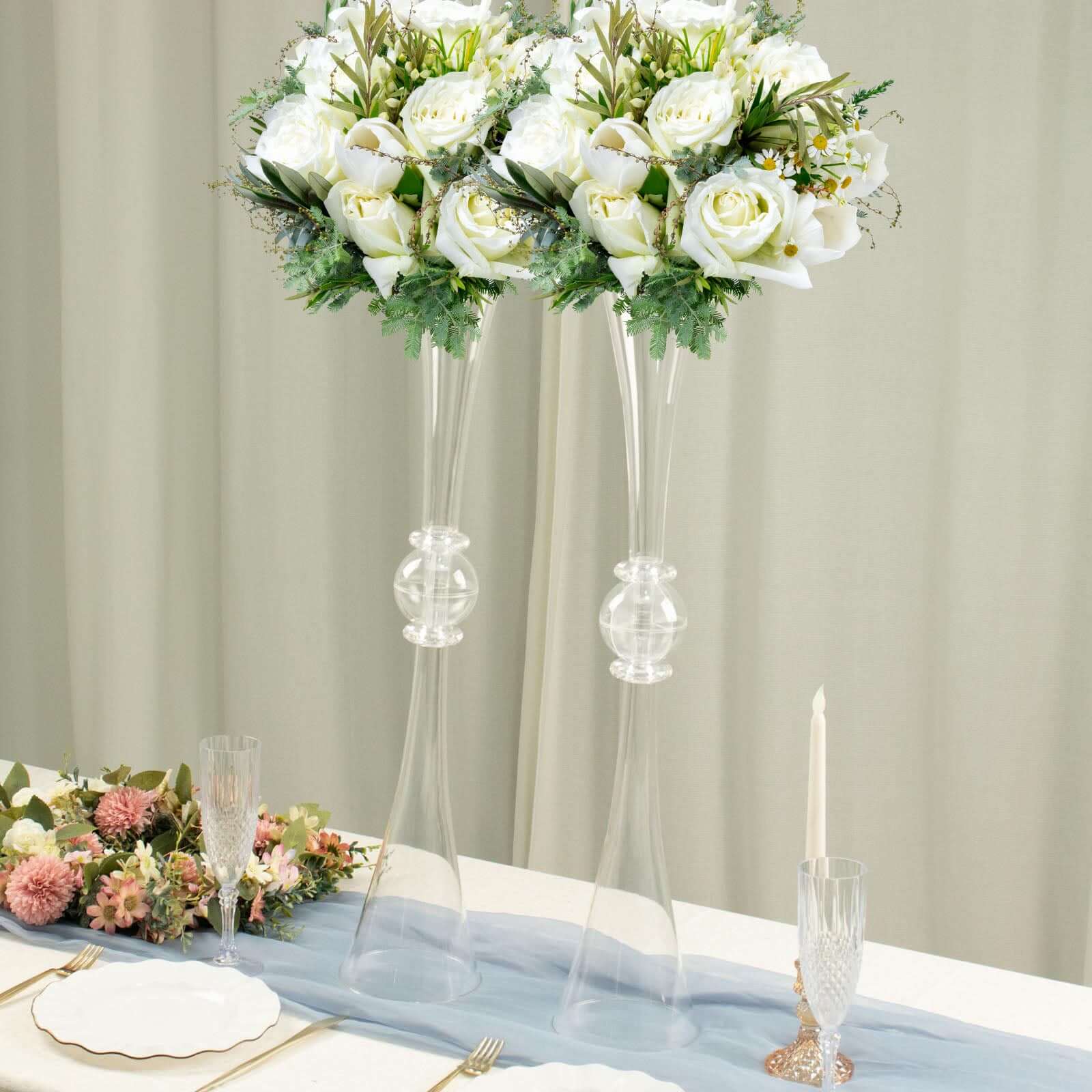 2 Pack 31 Clear Crystal Embellishment Trumpet Flower Vase, Reversible Plastic Table Centerpiece