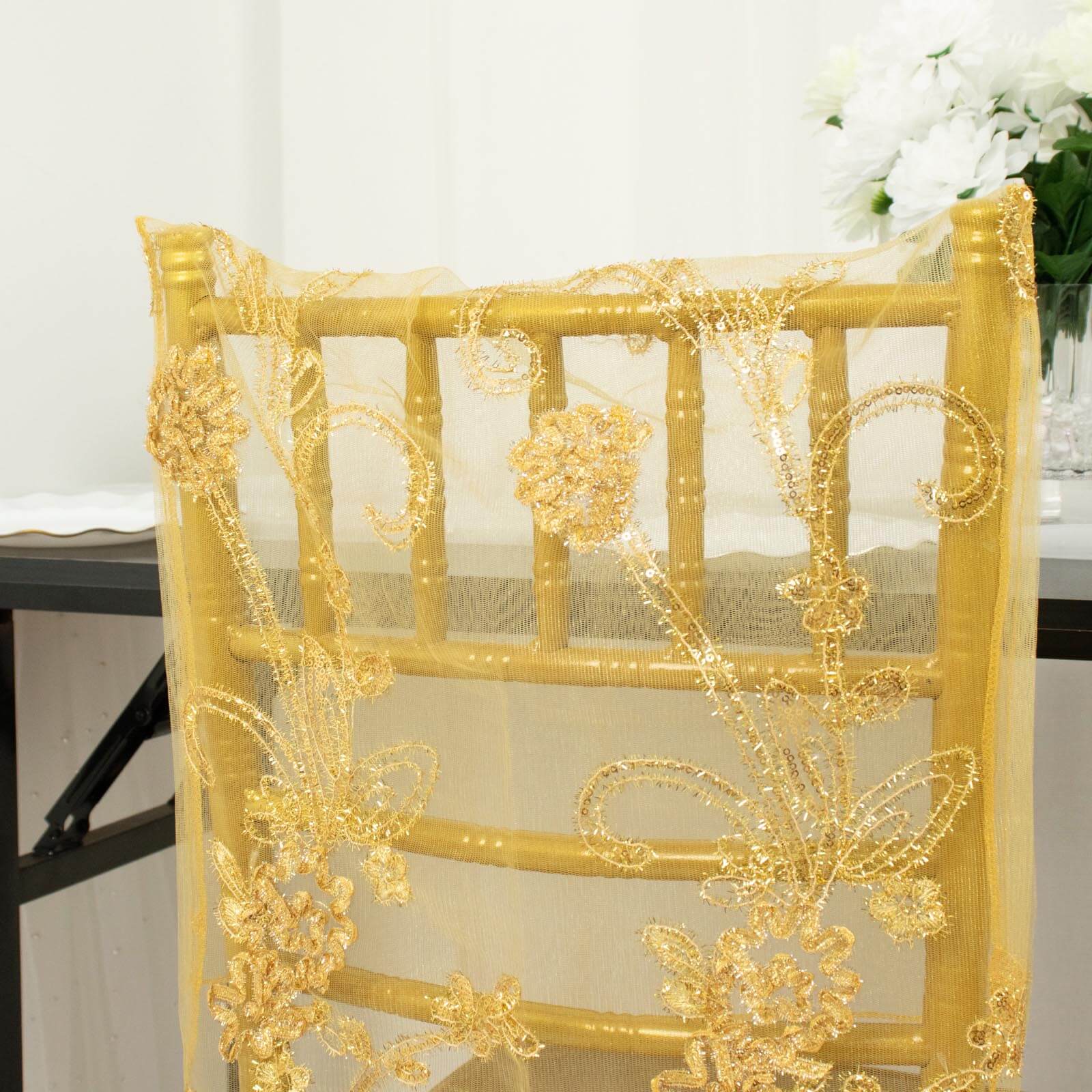 Organza Chiavari Chair Slipcover with Floral Sequin Embroidery Gold - Lace Chair Back Cover