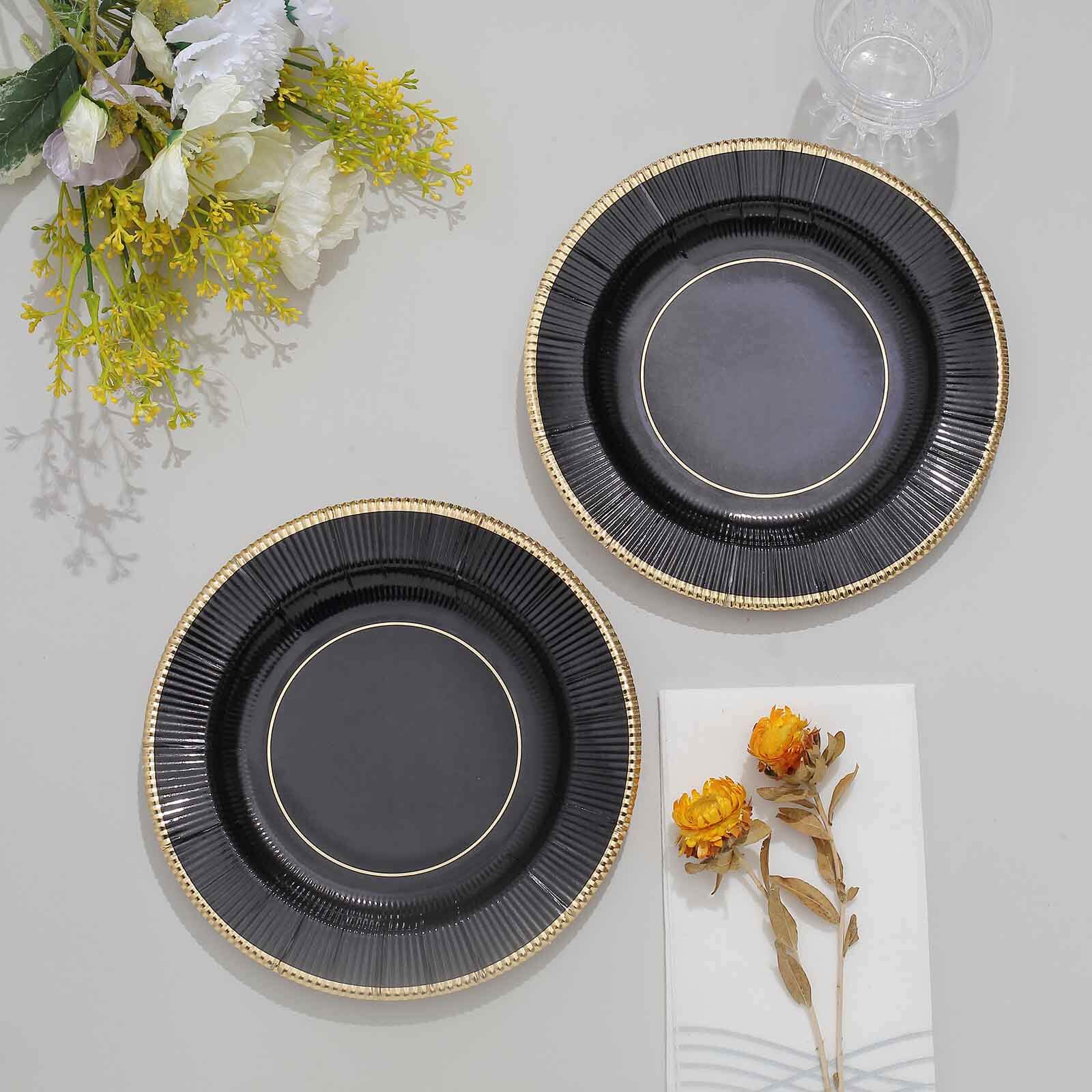 25-Pack Paper 8 Round Dessert Plates in Black Sunray Design with Gold Rim - Disposable Heavy Duty 350GSM Appetizer Salad Plates