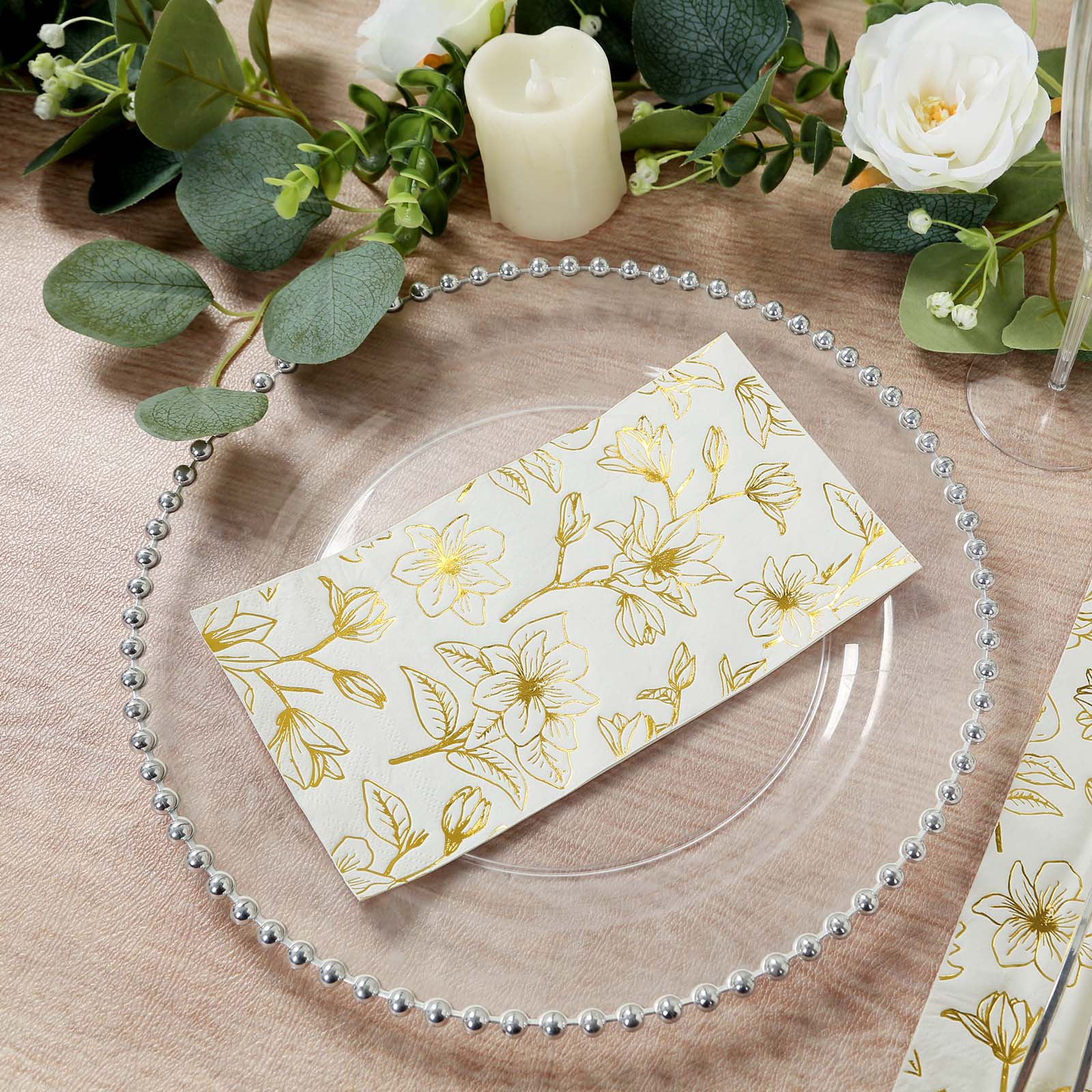 50-Pack Paper Dinner Napkins White with Gold Magnolia Flowers Print 2-Ply - Disposable Soft Napkins for Parties