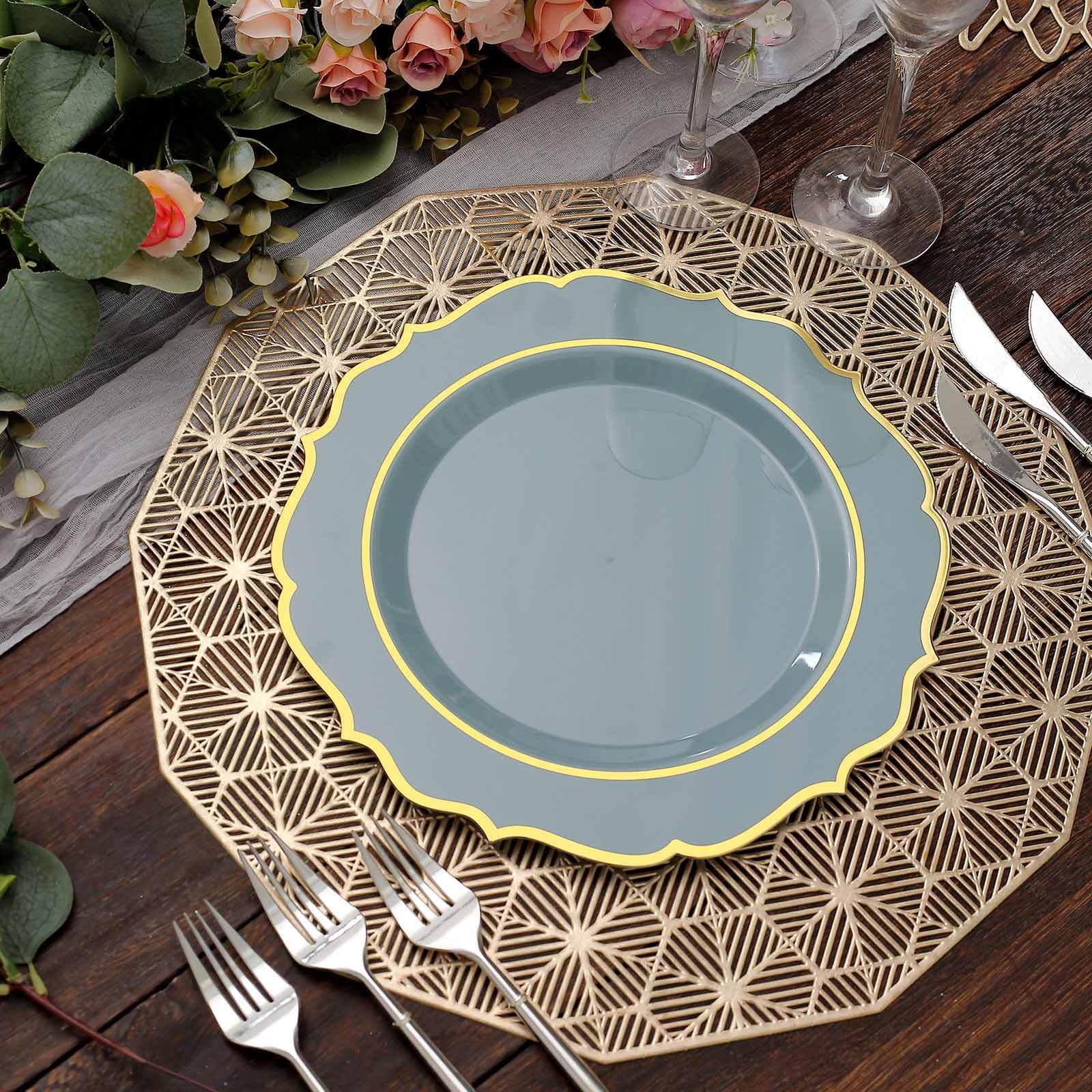 10-Pack Plastic 10 Round Dinner Plates in Dusty Blue with Gold Scalloped Rim - Disposable Party Plates