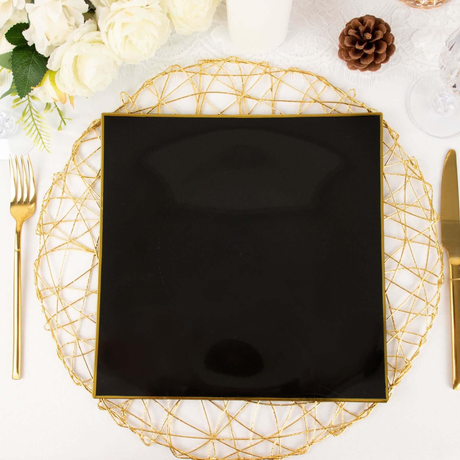 10-Pack Plastic 10 Square Dinner Plates in Black Concave Style with Gold Rim - Modern Disposable Party Plates