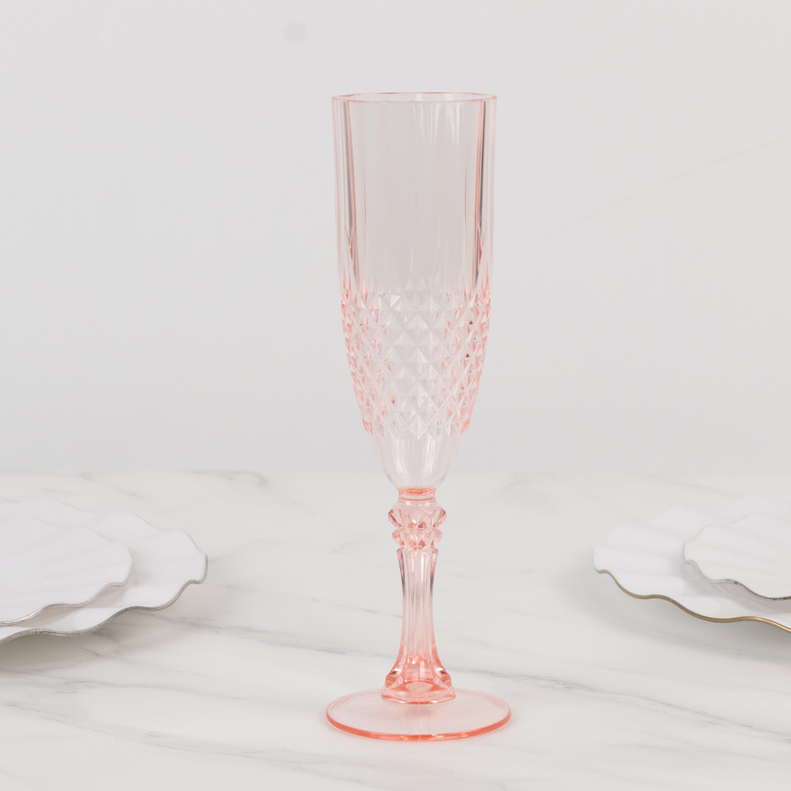 6-Pack Plastic Wedding Toast Flutes Transparent Blush Crystal Cut Style - Reusable Champagne Glasses 8oz