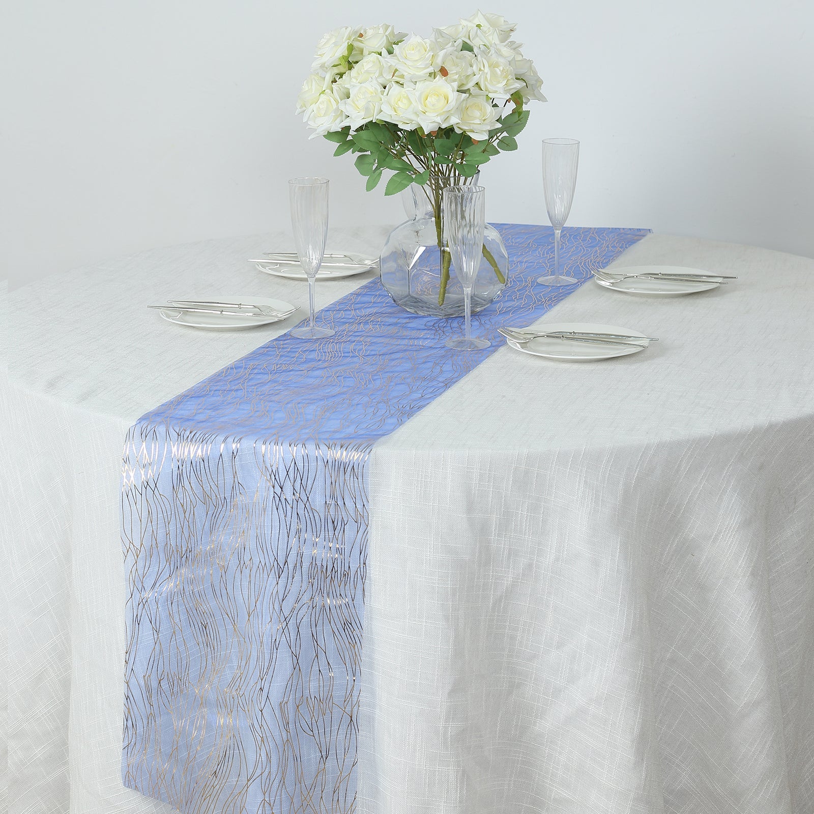 5 Pack Organza 12x108 Table Runners Royal Blue - Gold Wave Design