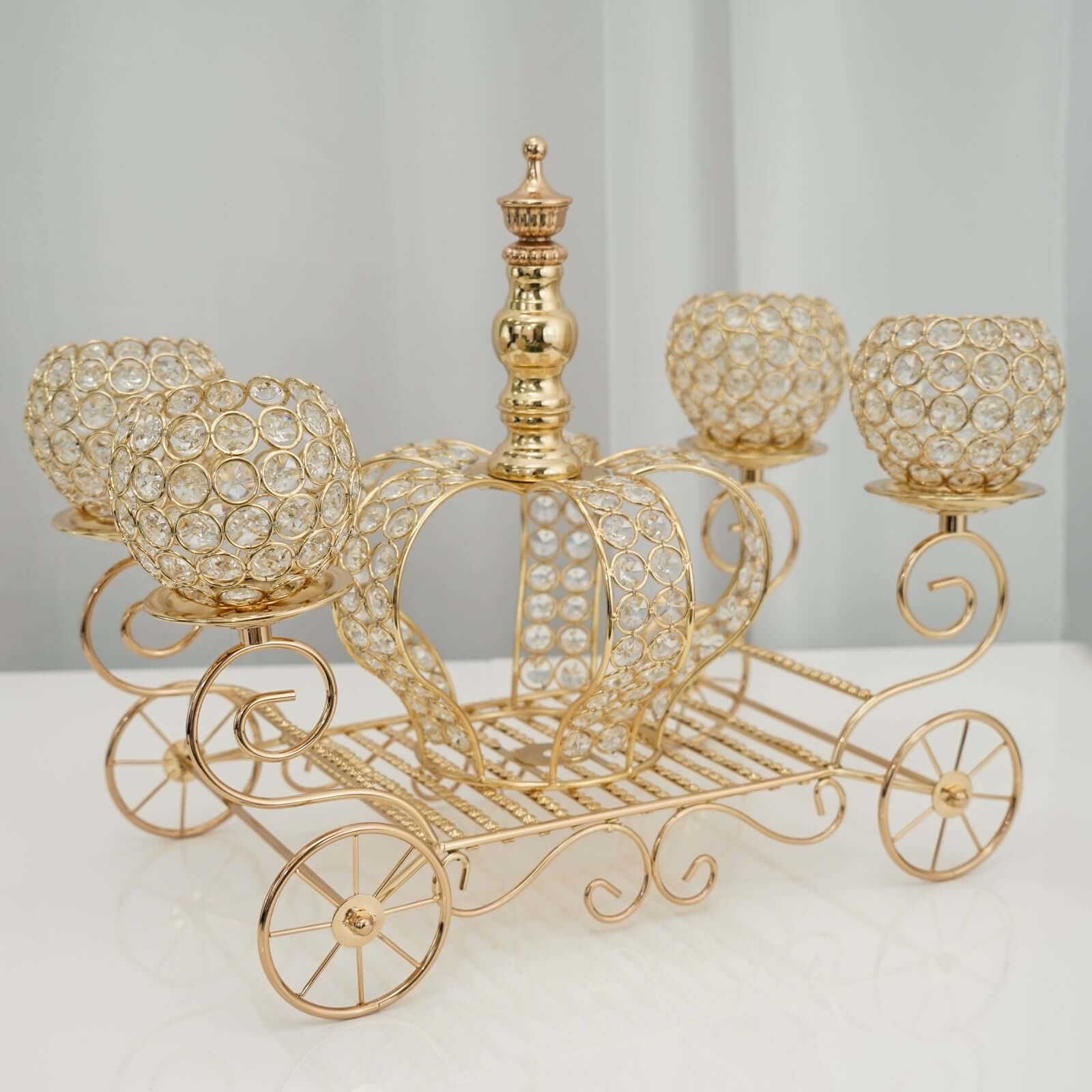 Candle Holder 4-Arm Gold Metal Crystal Cinderella Carriage Wedding Centerpiece - Decorative Display 18