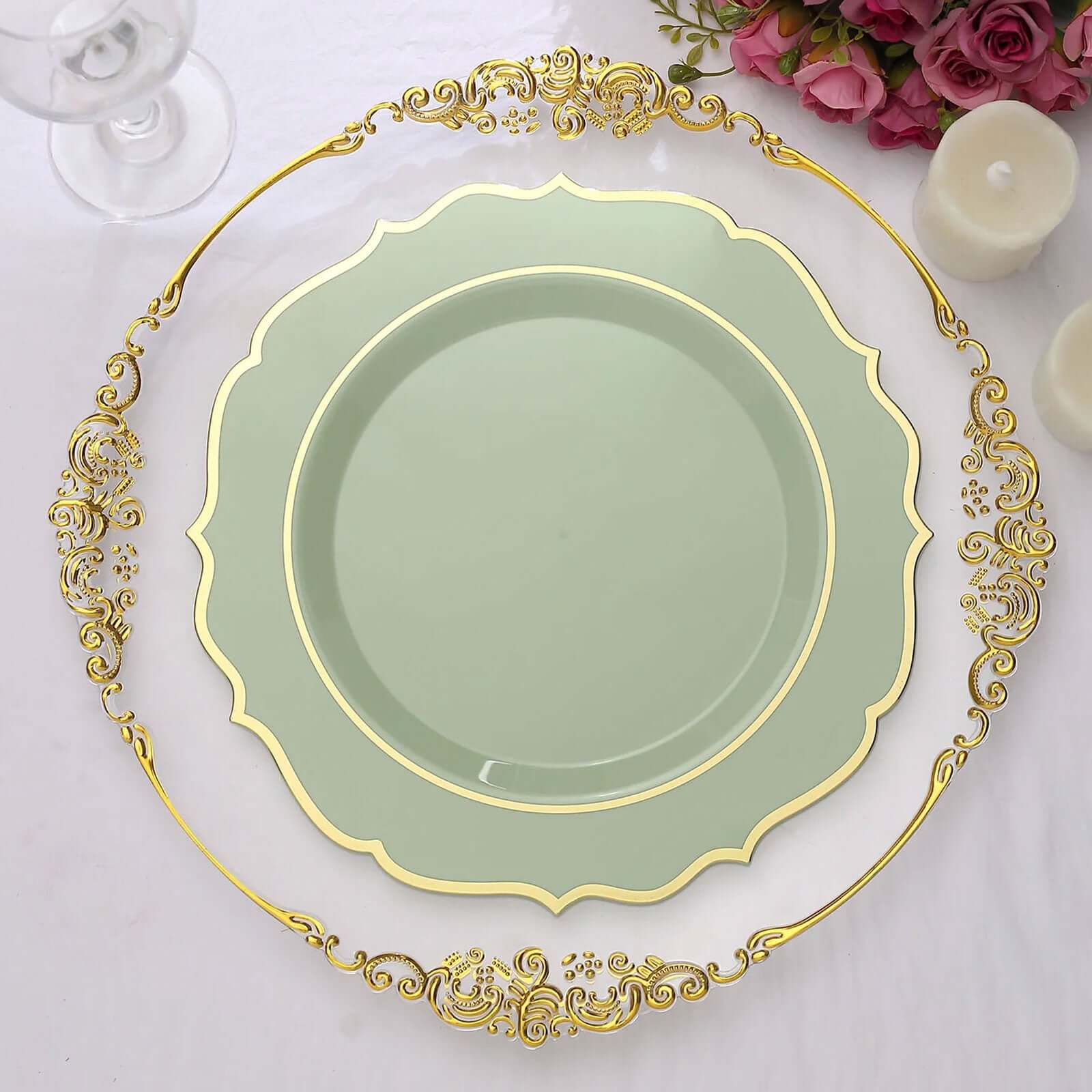 10-Pack Plastic 10 Round Dinner Plates in Sage Green with Gold Scalloped Rim - Disposable Party Plates