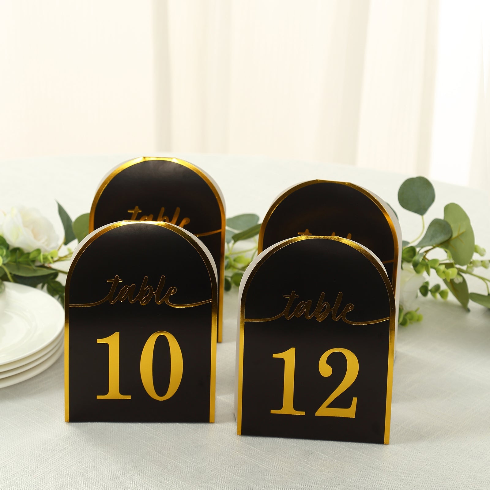 25-Pack Paper Wedding Table Numbers 1-25 Black Arch Cutout Design - Sleek & Modern Free Standing Double Sided Table Tent Cards with Metallic Gold Foil Numbers 7