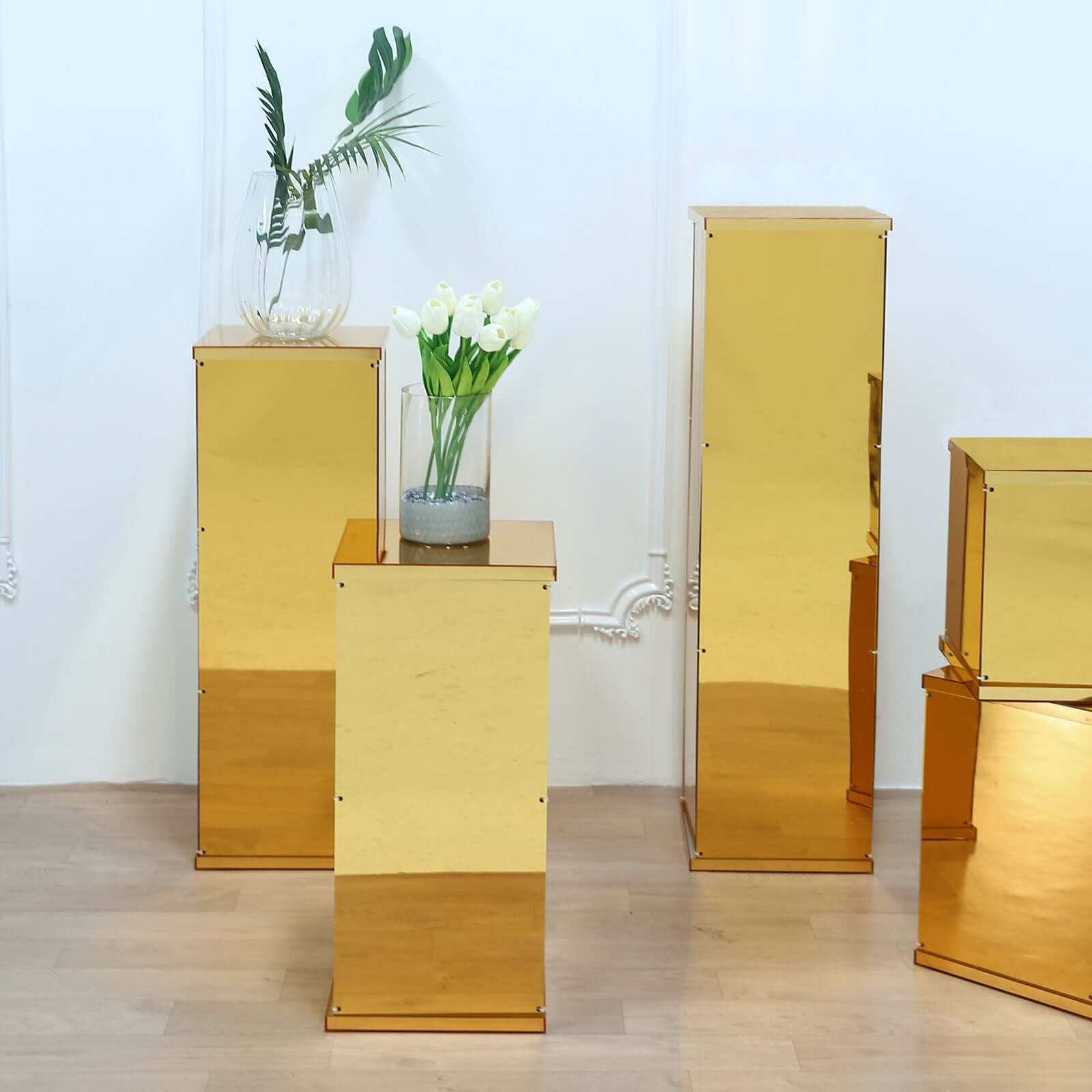 Set of 5 Gold Mirror Finish Acrylic Display Boxes, Pedestal Risers with Interchangeable Lid and Base - 12,16,24,32,40