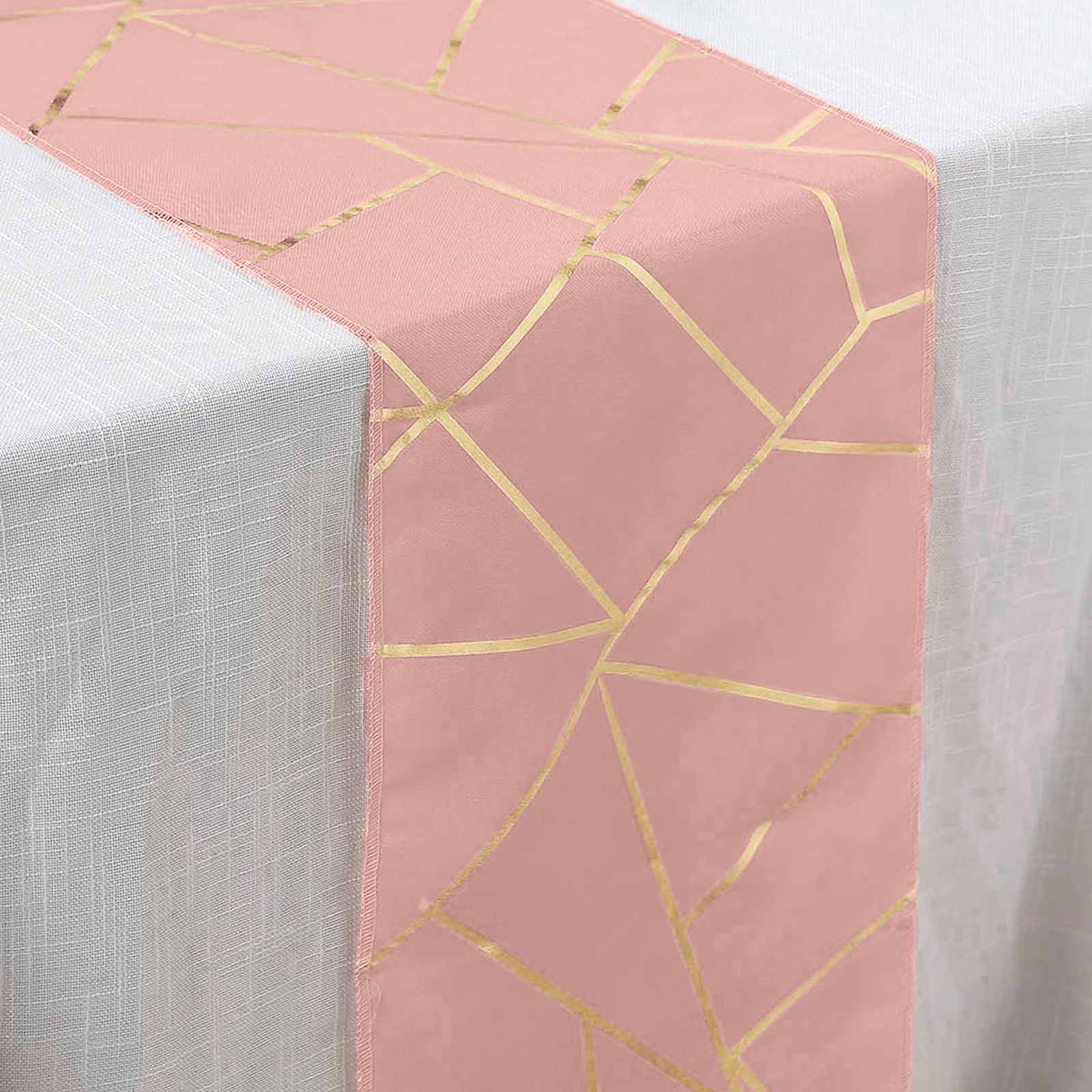 Polyester 9ft Table Runner Dusty Rose with Gold Foil Modern Geometric Accent