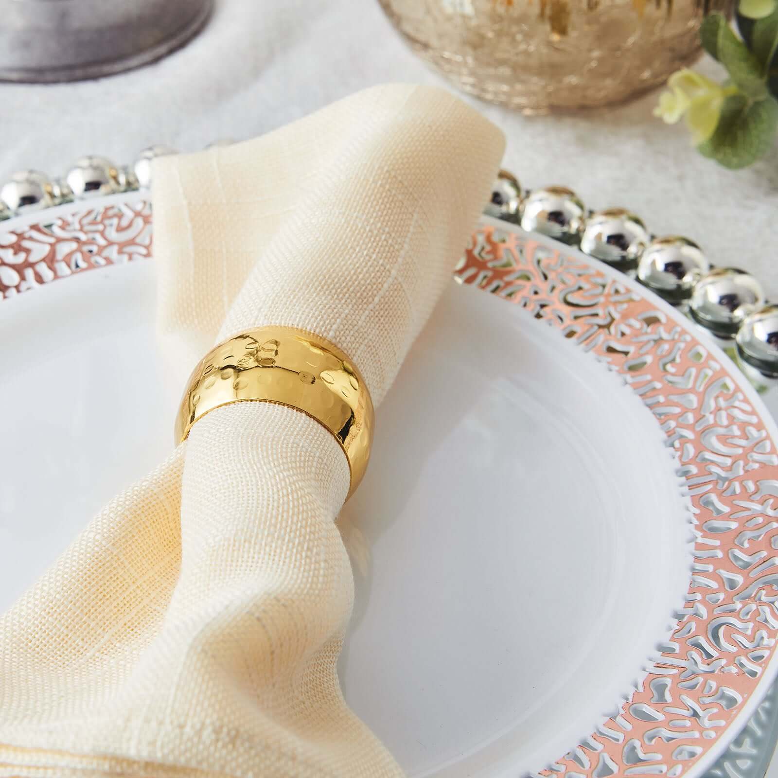 4 Pack Metallic Gold Hammered Pattern Metal Napkin Rings