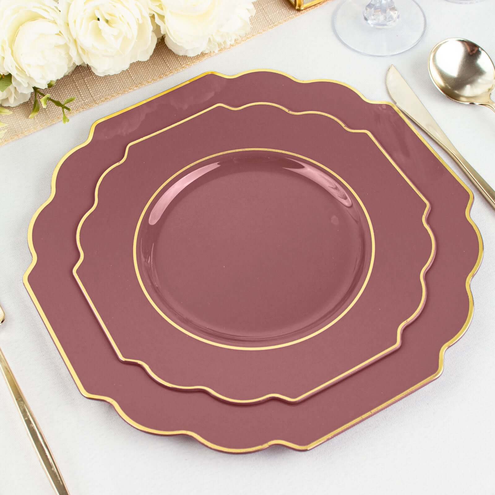 10-Pack Plastic Dinner Plates in Cinnamon Rose Baroque Design with Scalloped Gold Rim - Heavy Duty Disposable Party Plates 11