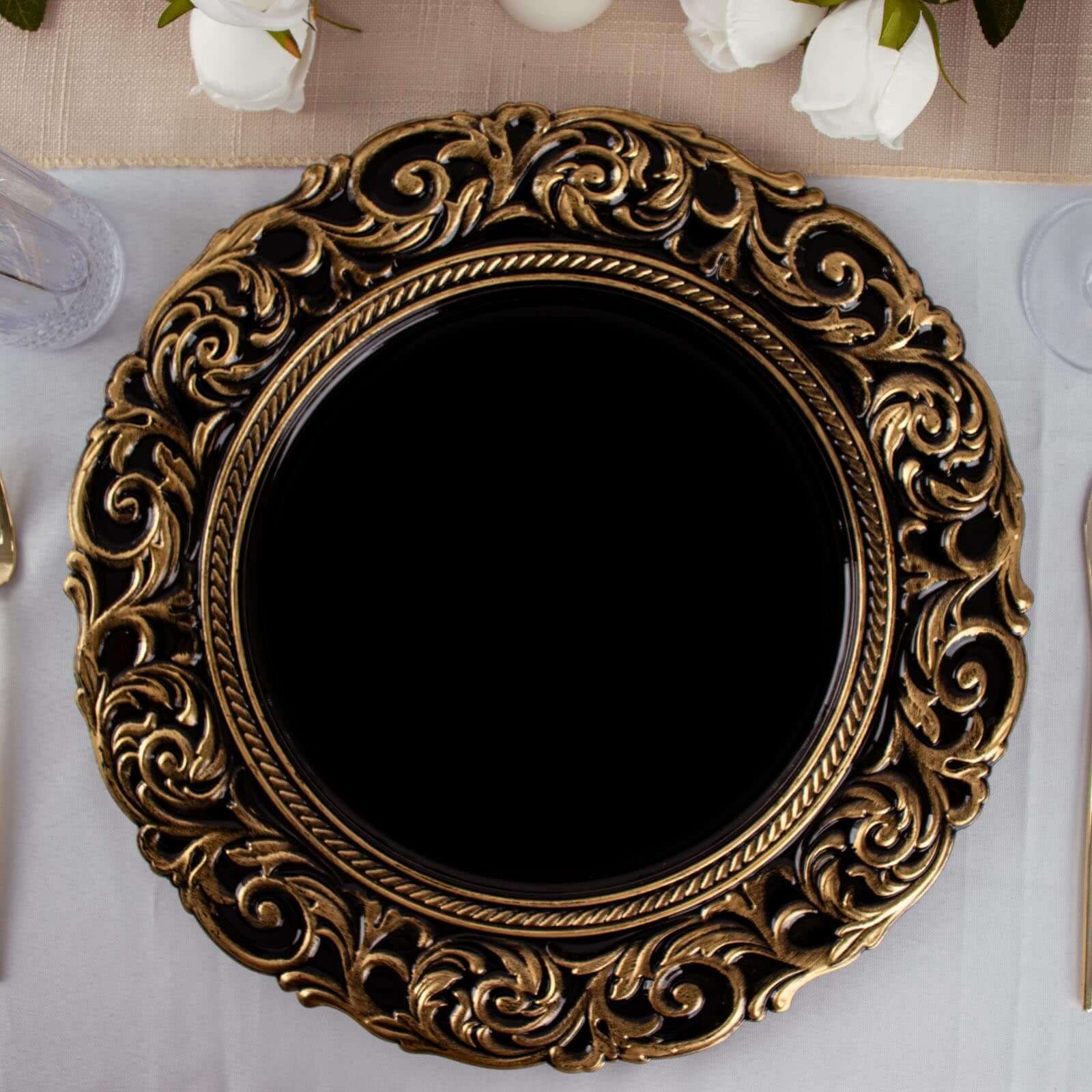 6-Pack Acrylic Round Charger Plates 14 in Black with Gold Engraved Baroque Rim, Vintage Disposable Decorative Chargers