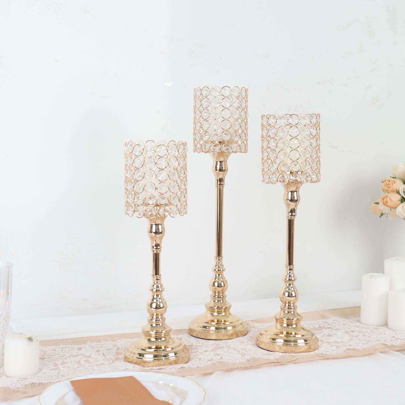 Set of 3 Crystal Beaded Goblet Votive Candle Holder Stands Gold - Tea Light Centerpiece 18, 16, 14