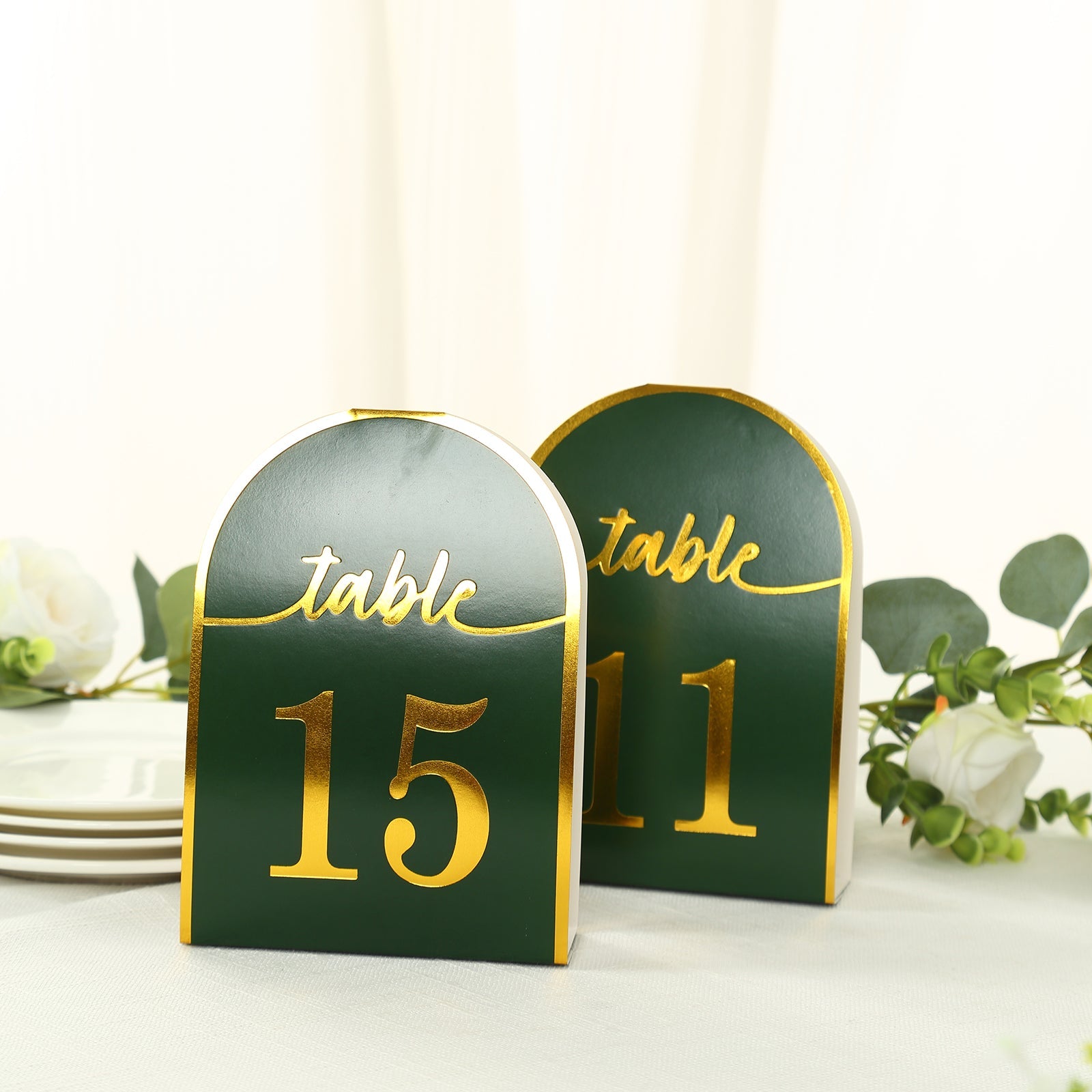 25-Pack Paper Wedding Table Numbers 1-25 Hunter Emerald Green Arch Cutout Design - Sleek & Modern Free Standing Double Sided Table Tent Cards with Metallic Gold Foil Numbers 7