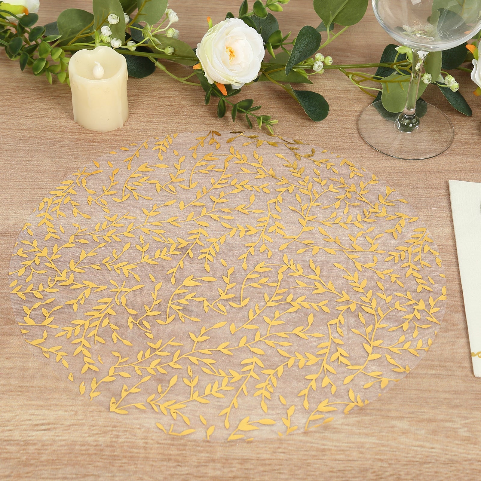 10-Pack Table Placemats Gold Foil Leaf Vine Design White Round - Organza Disposable Floral Mats 13