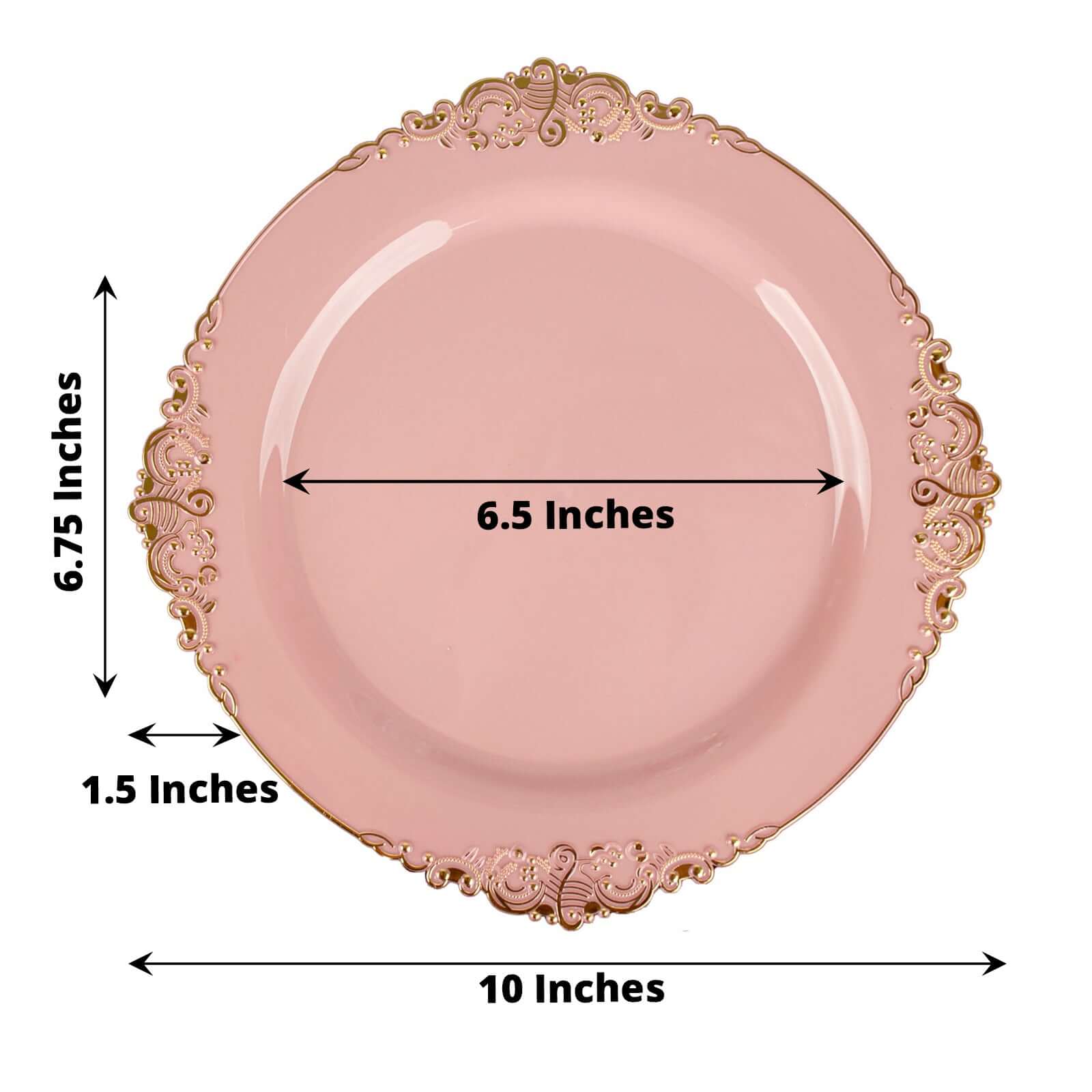 10-Pack Plastic 10 Round Dinner Plates in Dusty Rose with Gold Leaf Embossed Rim - Disposable Vintage Baroque Style Plates