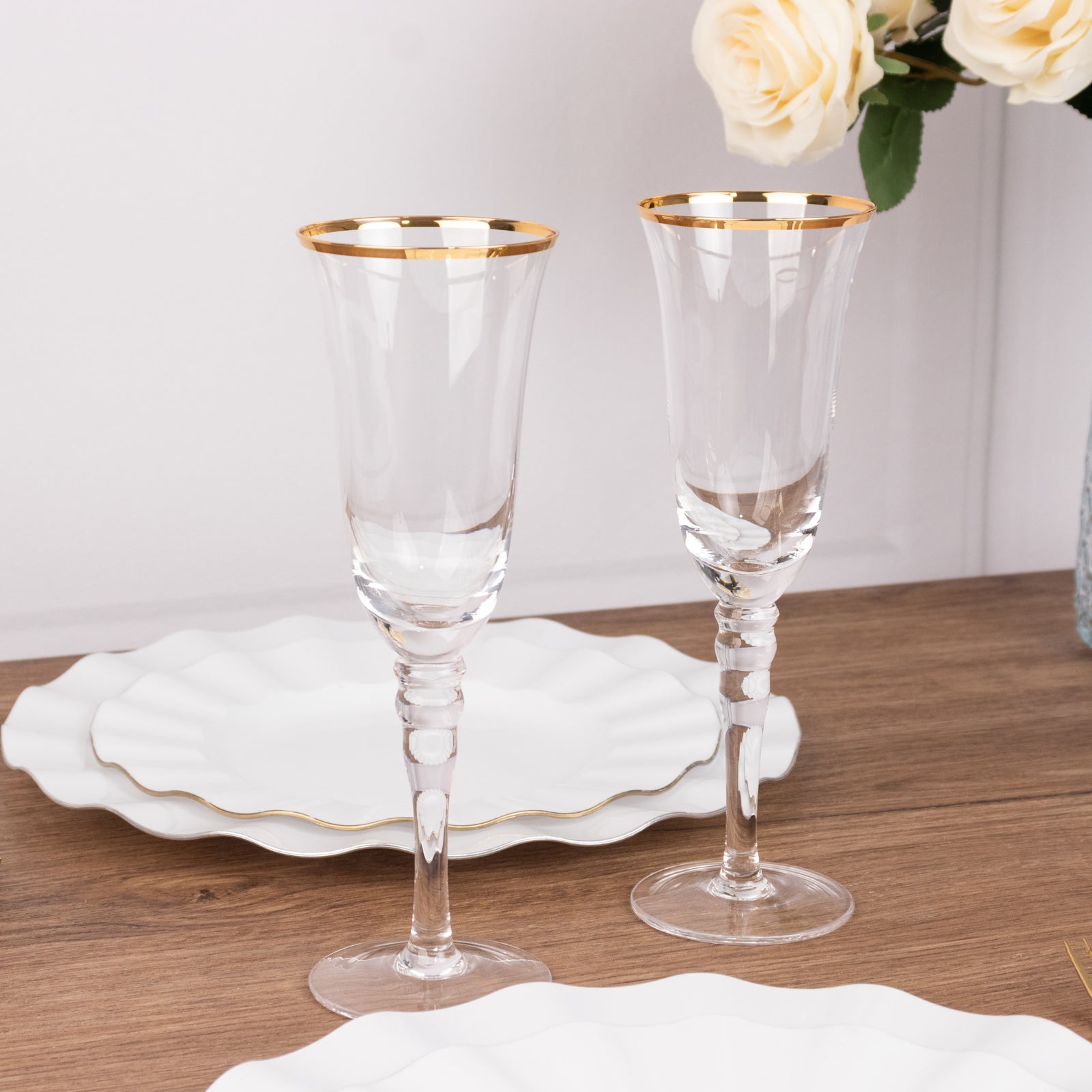 6-Pack Champagne Flute Glasses Clear Gold Rimmed Design with Long Beaded Stem - Chic Crystal Glassware for Wine & Events 6oz 8.5