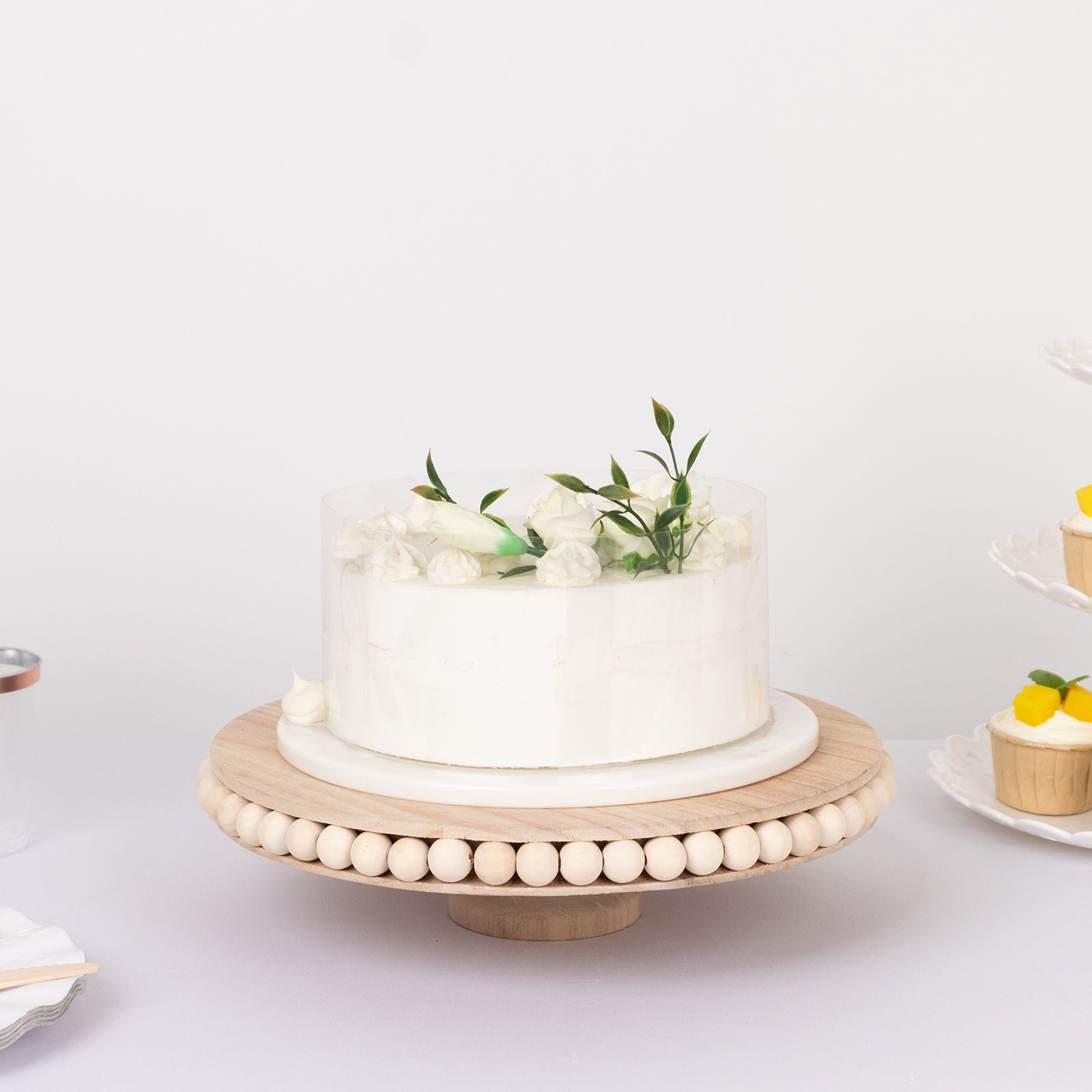 Wooden Pedestal Cake Stand Round Rustic Design with Beaded Edge Natural - Farmhouse Cupcake Holder Serving Tray 12