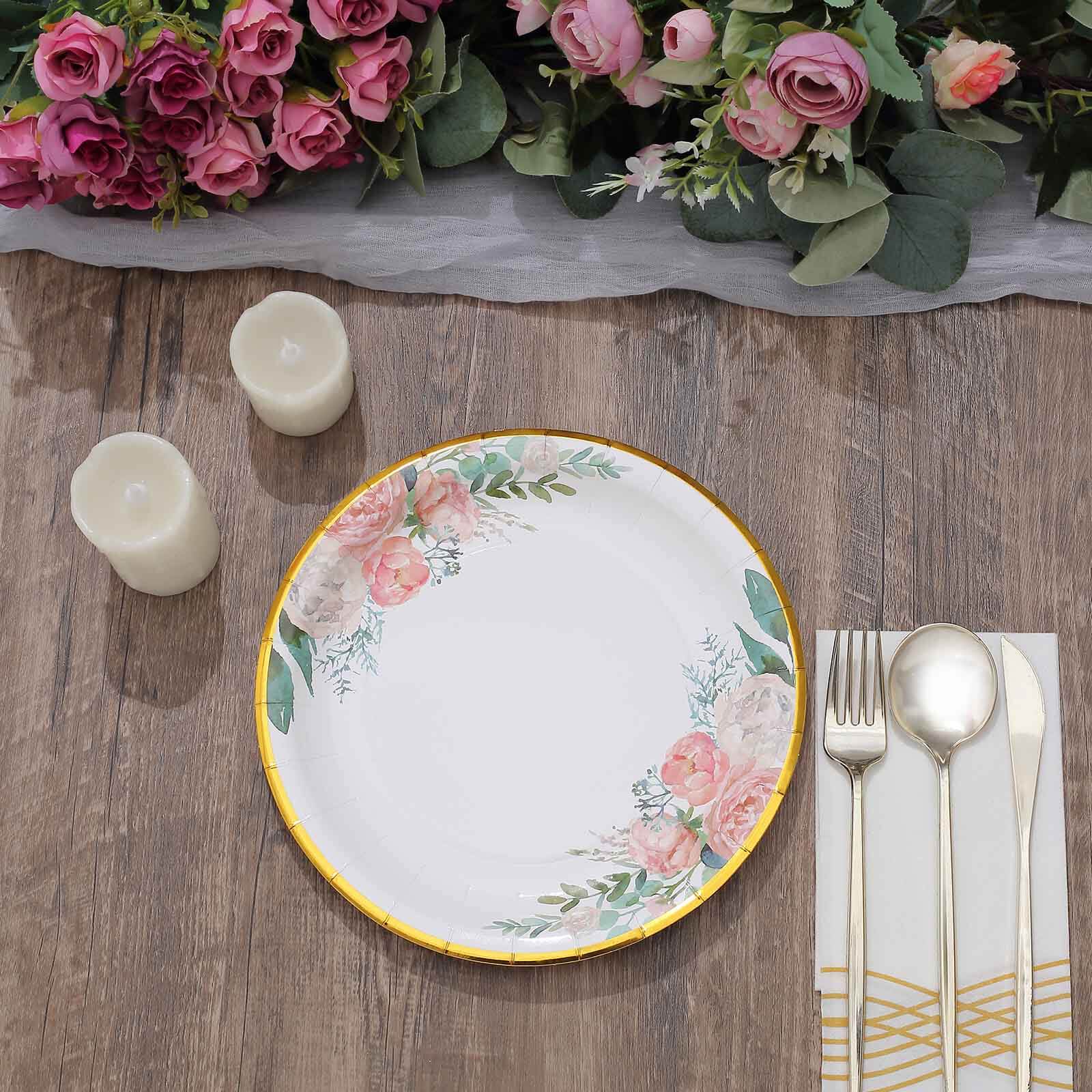 25-Pack Paper 9 Round Dinner Plates White with Peony Floral Design & Gold Rim - Disposable Floral Party Plates for Brunches & Afternoon Teas