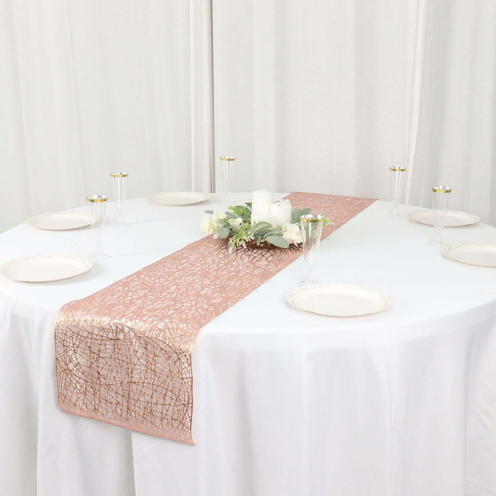 Plastic Woven Vinyl 13x6ft Table Runner Metallic Rose Gold - Non-Slip & Reversible Tabletop Decor