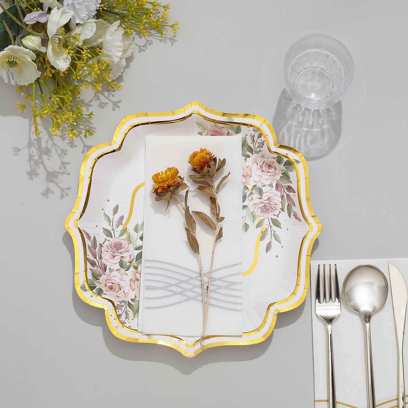 25-Pack Paper 10 Dinner Plates in White with Floral Print & Gold Scallop Rim - Disposable 300GSM Party Plates for Cocktail Events & Receptions