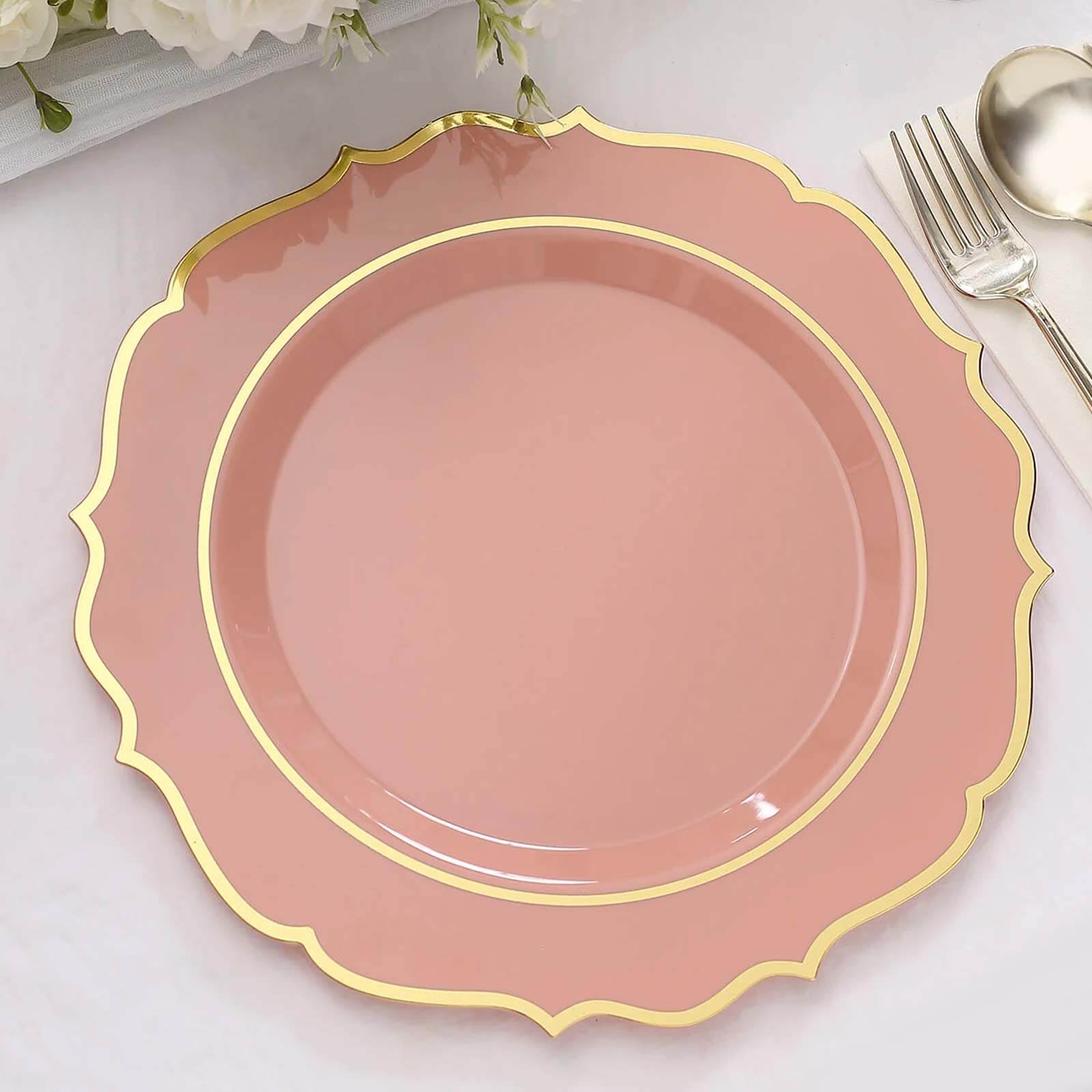 10-Pack Plastic 10 Round Dinner Plates in Dusty Rose with Gold Scalloped Rim - Disposable Party Plates