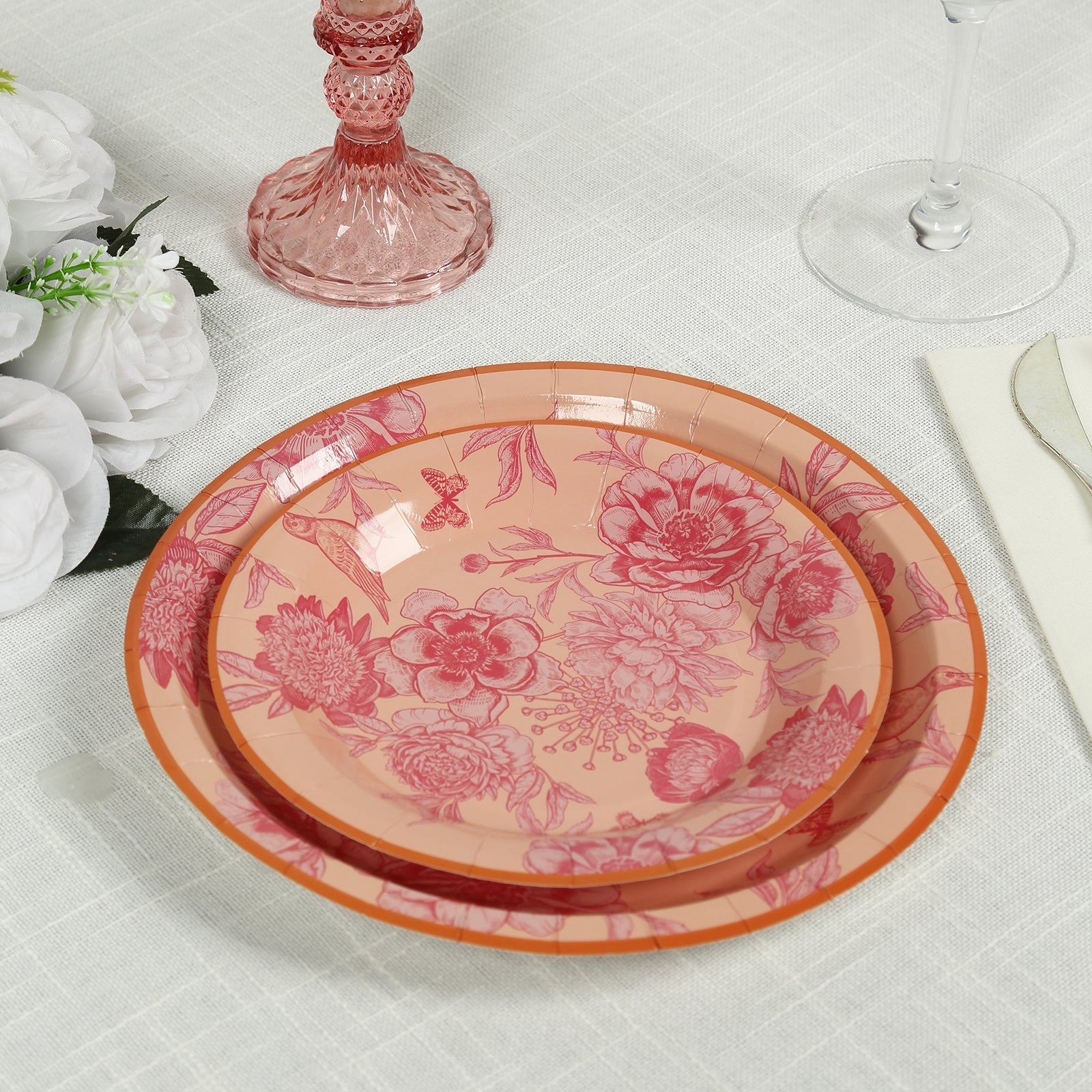 50-Pack Paper Round Dessert and Dinner Plates in Dusty Rose Spring Floral Print with Gold Rim - Heavy Duty Disposable Party Plates Set for Classy Table Decor 7, 9