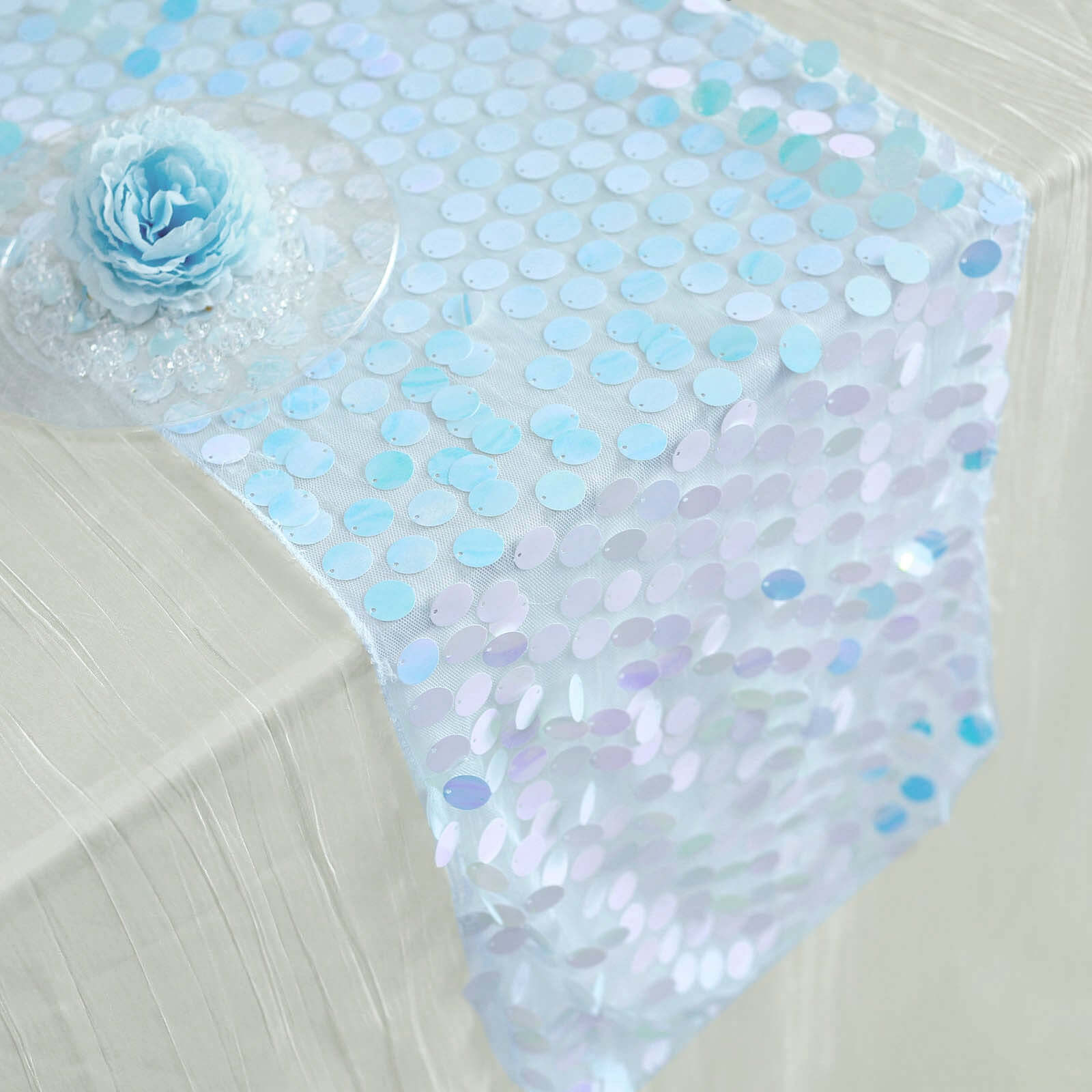 Big Payette Sequin 13x108 Table Runner Iridescent Blue - Dazzling Design