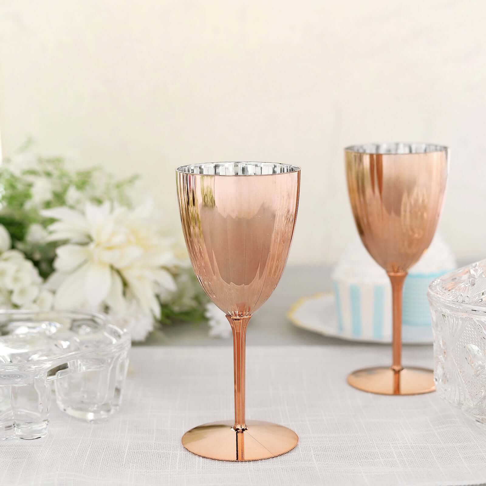 6-Pack Plastic Wine Glasses in Metallic Rose Gold - Classy Disposable Goblets for Parties, Receptions & Banquets 8oz