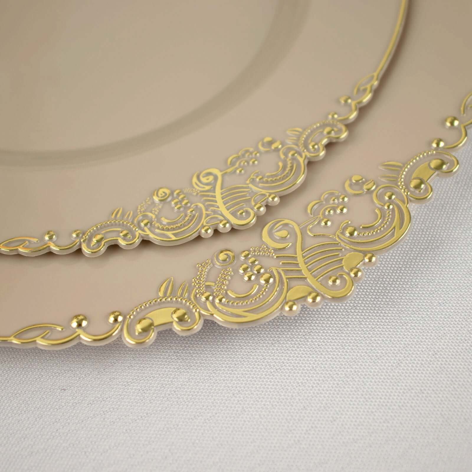 10-Pack Plastic 10 Round Dinner Plates in Taupe with Gold Leaf Embossed Rim - Disposable Vintage Baroque Style Plates