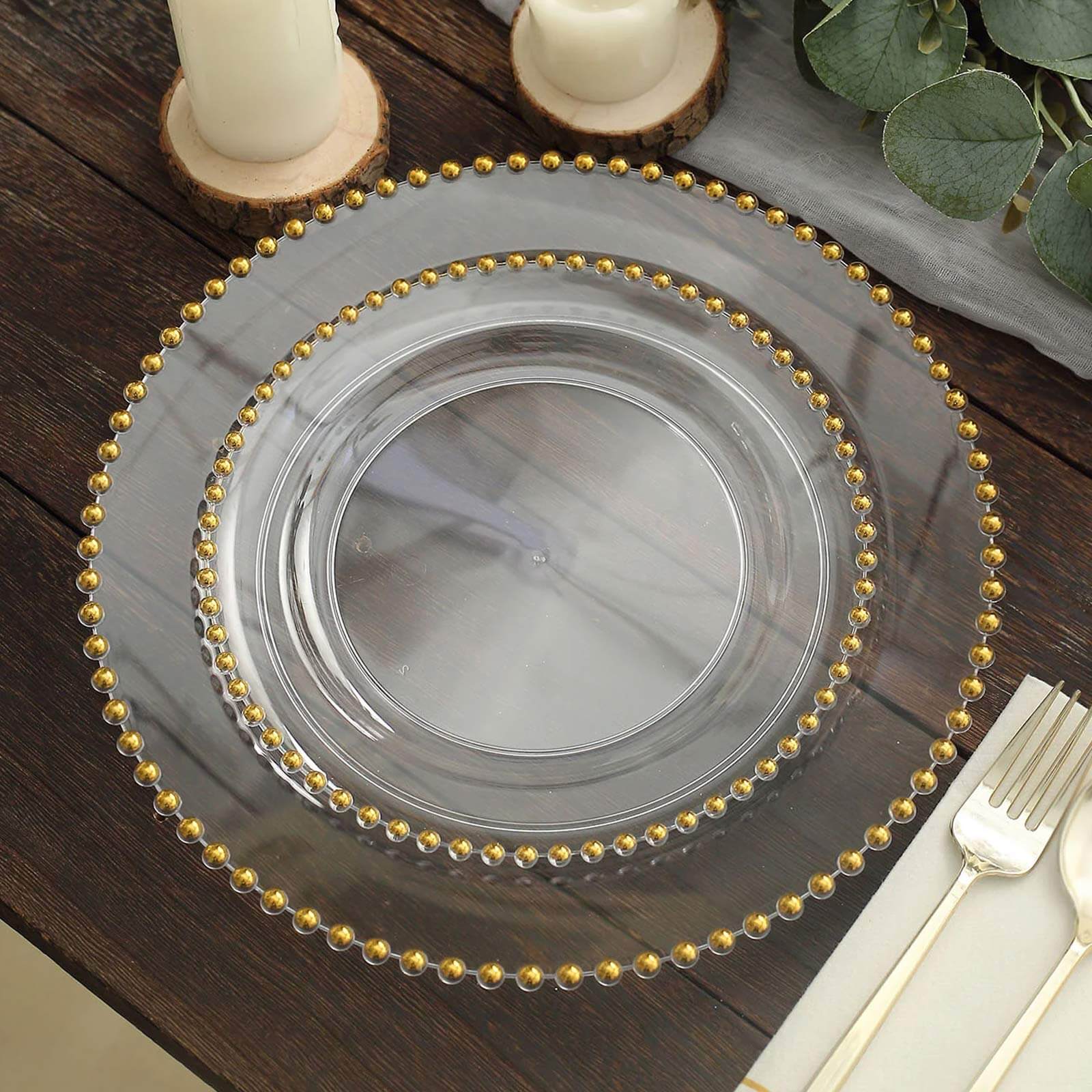 10-Pack Plastic 8 Round Appetizer Dessert Plates in Clear with Gold Beaded Rim - Disposable Salad Plates