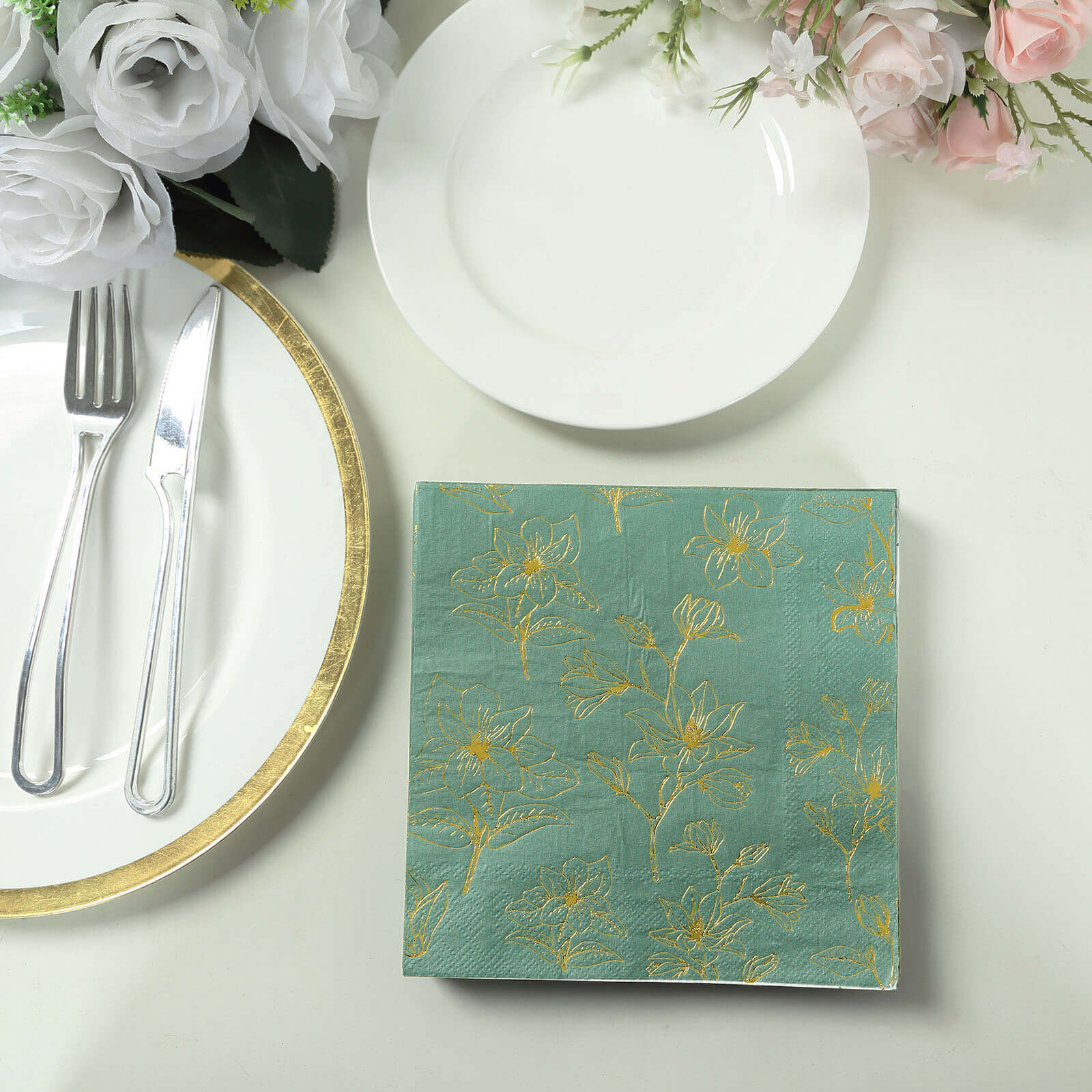 50-Pack Paper Cocktail Napkins with Gold Magnolia Flowers Print Dusty Sage Green - Highly 2 Ply Absorbent Soft Napkins for Beverages