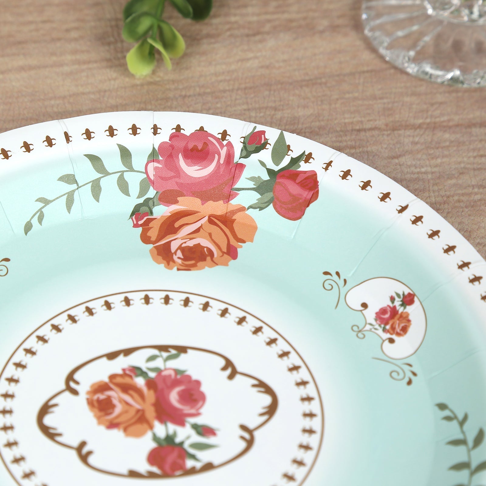 25-Pack Paper 7 Round Dessert Plates in Turquoise with Vintage Rose Flower Print - Disposable Appetizer Salad Plates