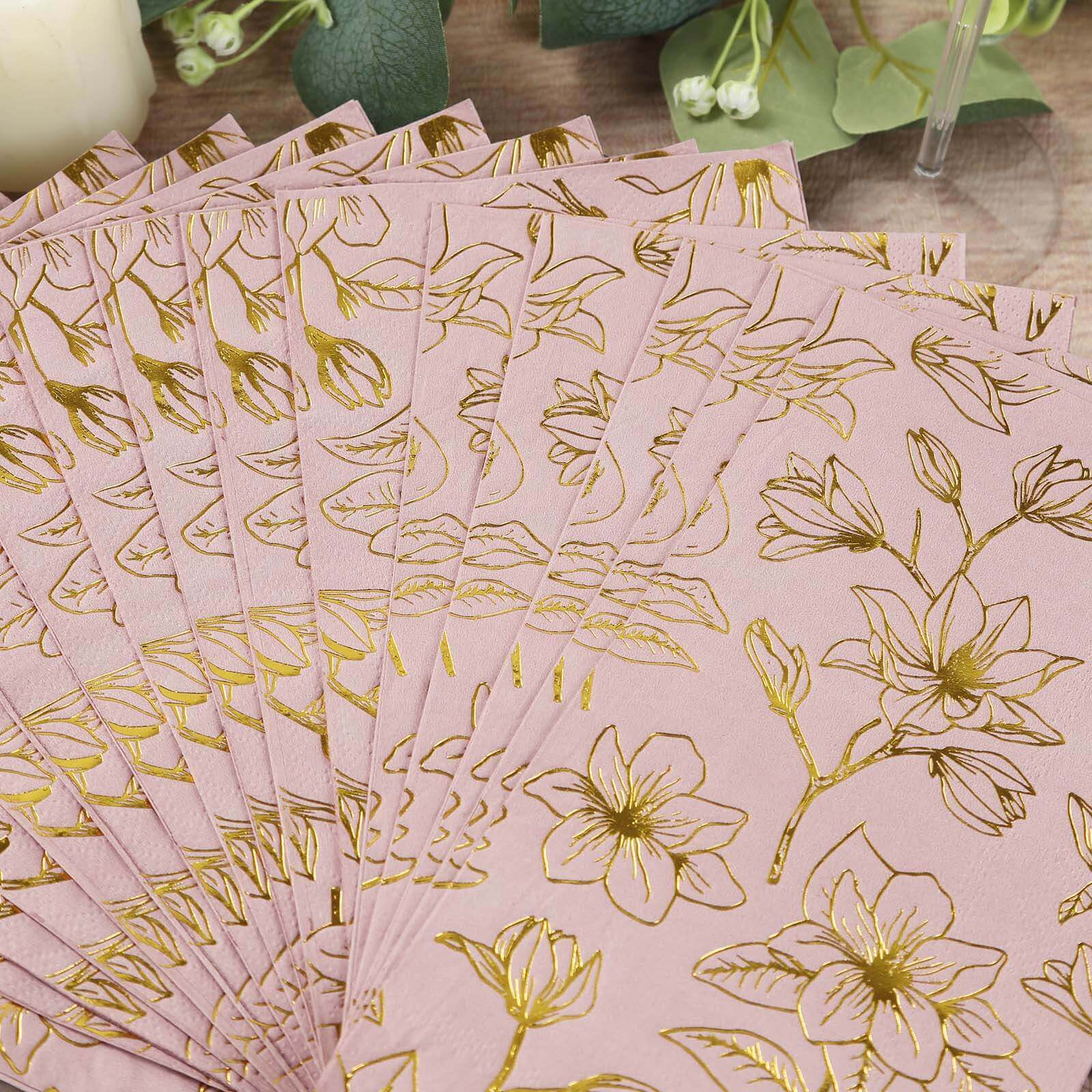 50-Pack Paper Dinner Napkins Dusty Rose with Gold Magnolia Flowers Print 2-Ply - Disposable Soft Napkins for Parties